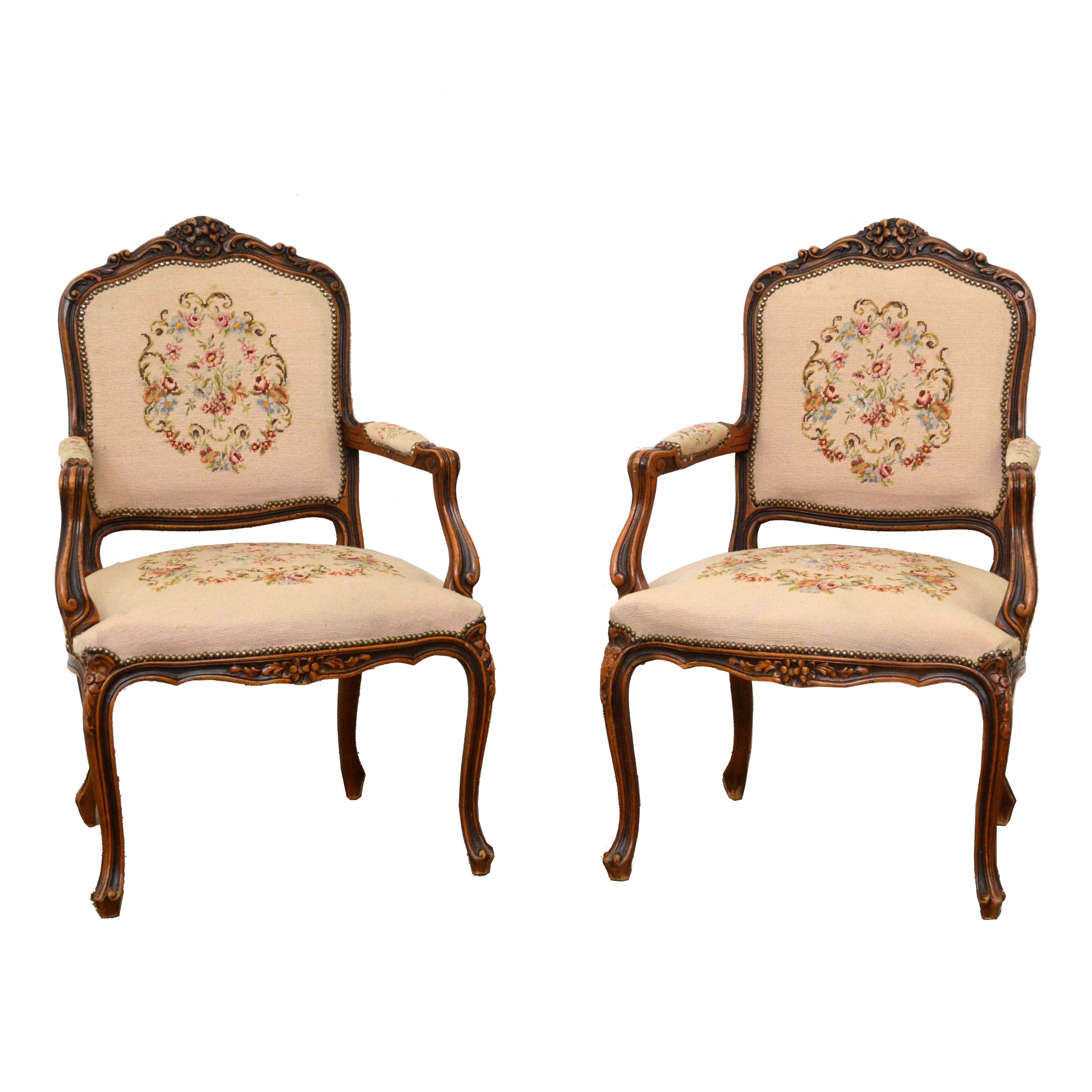 French Provincial Style Walnut Frame Upholstered Fauteuil Pair, 20th Century