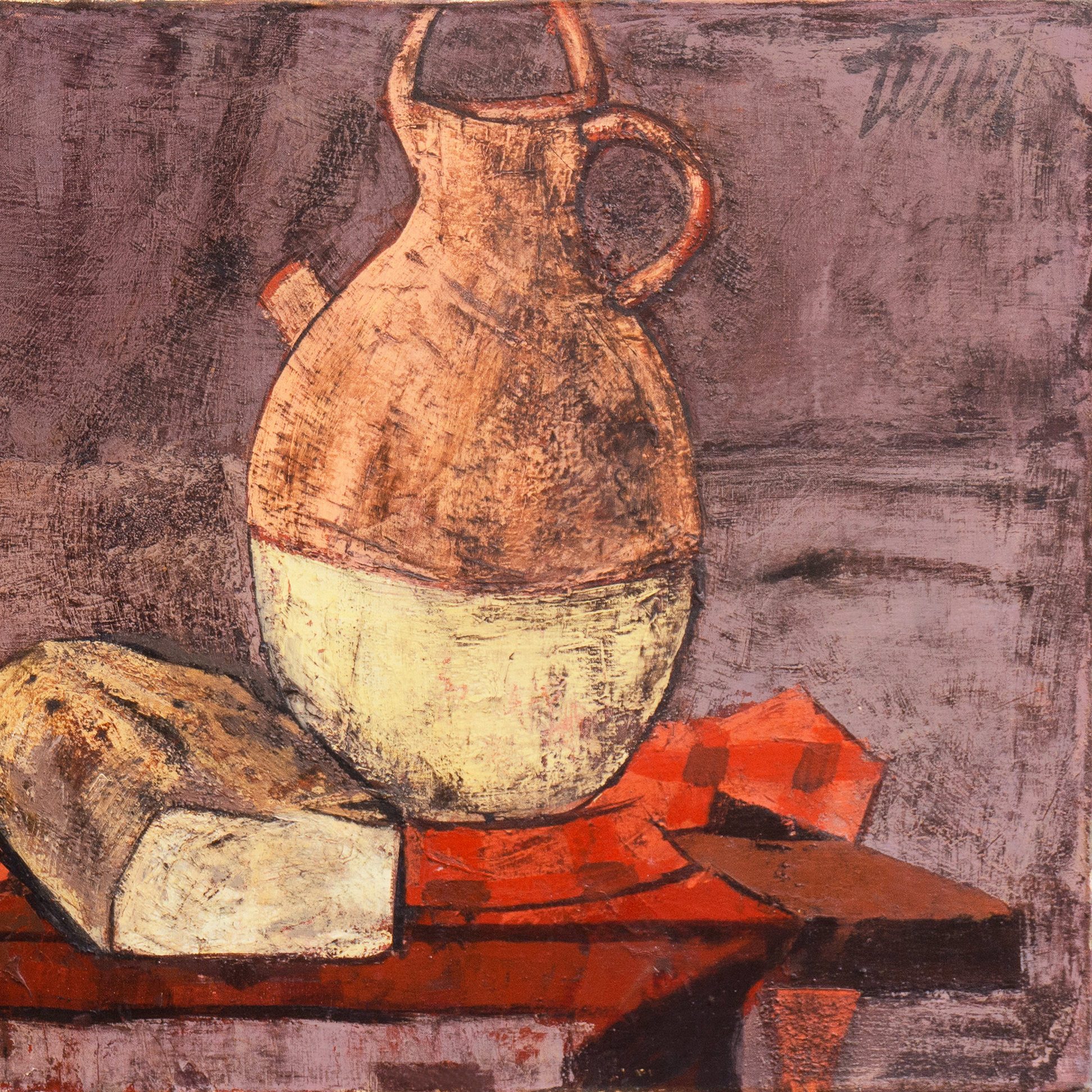 Charles Levier Large Oil Painting "Fruits, Pain et Eau"