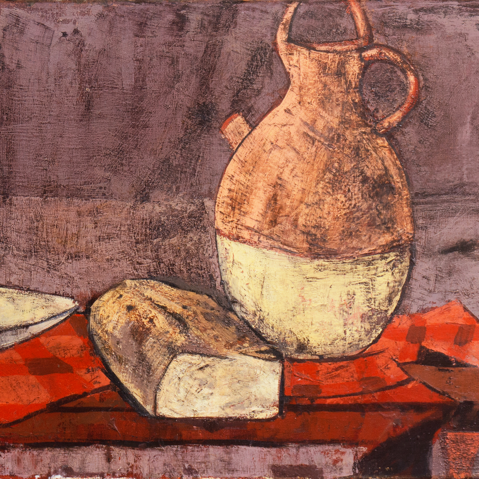 Charles Levier Large Oil Painting "Fruits, Pain et Eau"