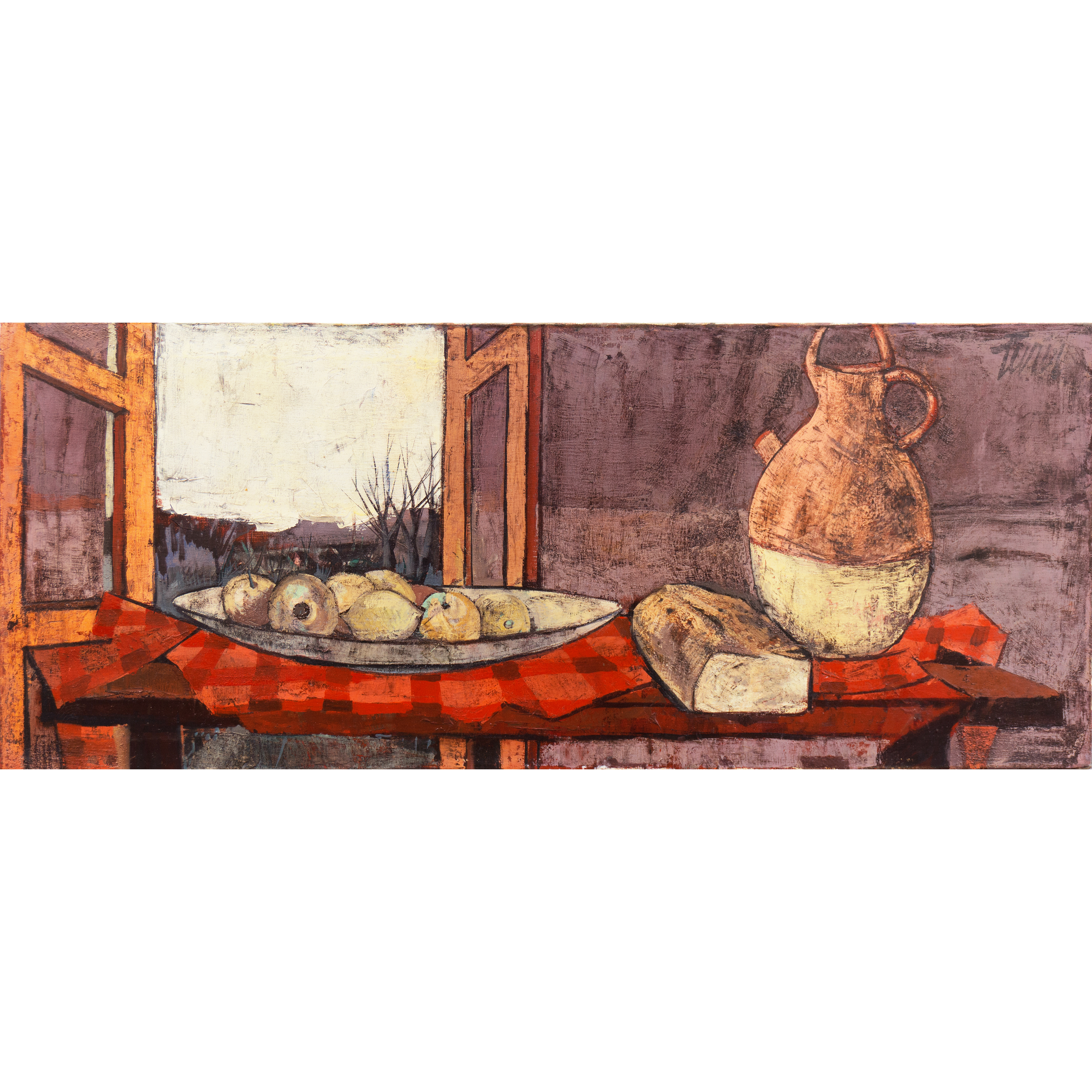 Charles Levier Large Oil Painting "Fruits, Pain et Eau"