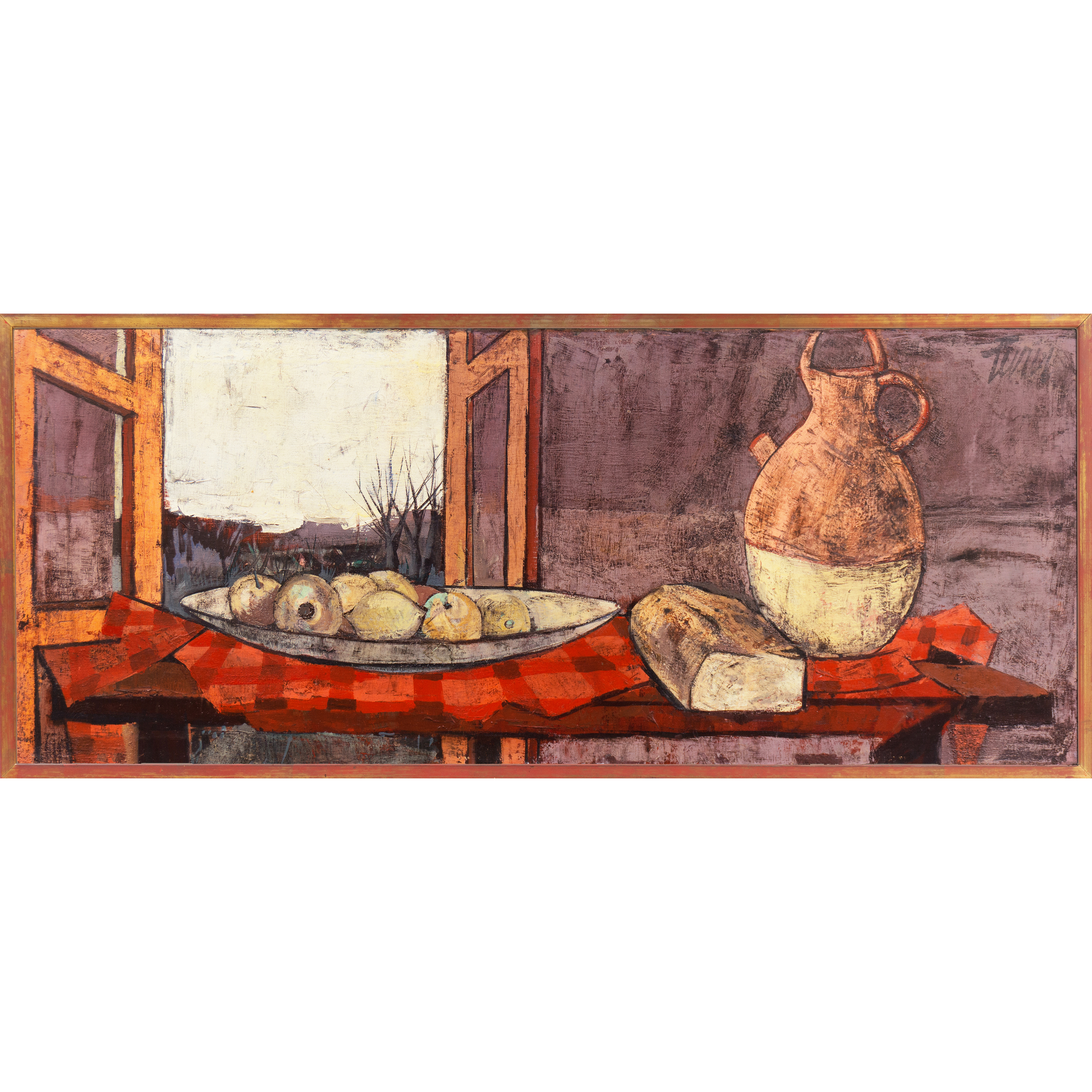 Charles Levier Large Oil Painting "Fruits, Pain et Eau"