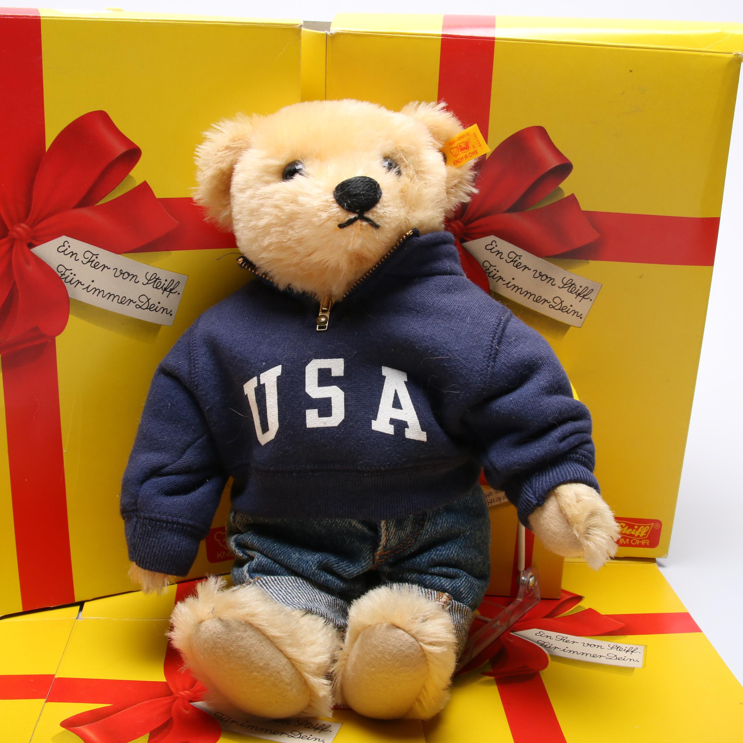 German Steiff Stuffed Bears, Tumbling Bear and Gift Boxes