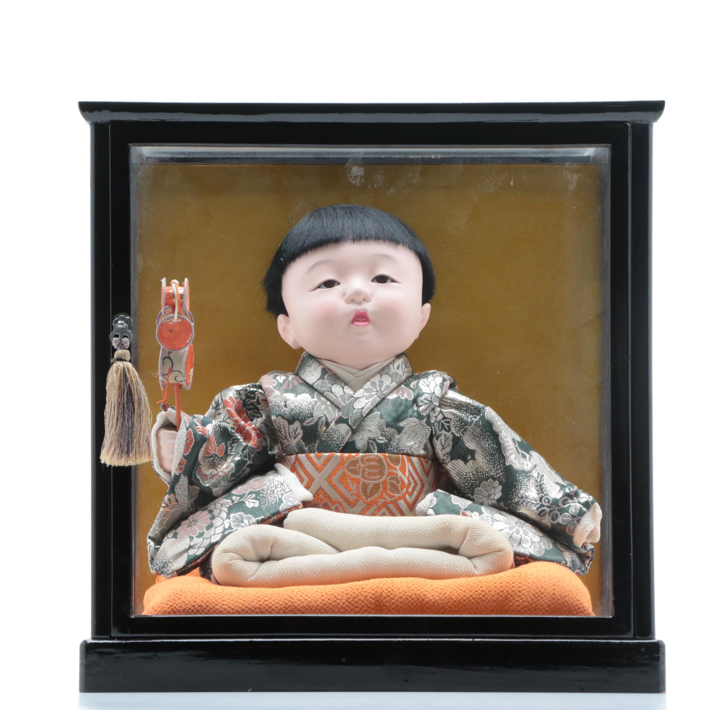 Japanese Gofun Doll in Lacquer Display Case, 20th Century