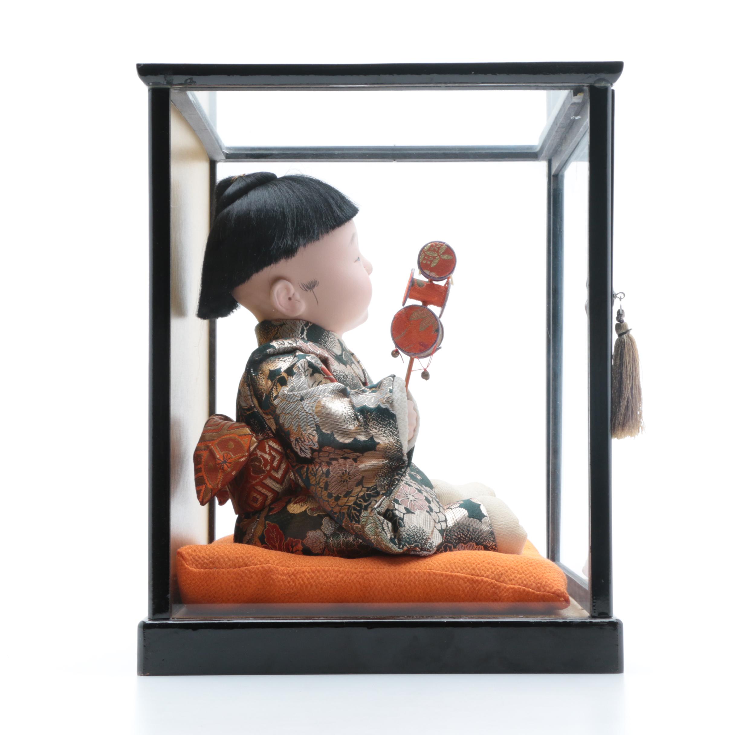 Japanese Gofun Doll in Lacquer Display Case, 20th Century