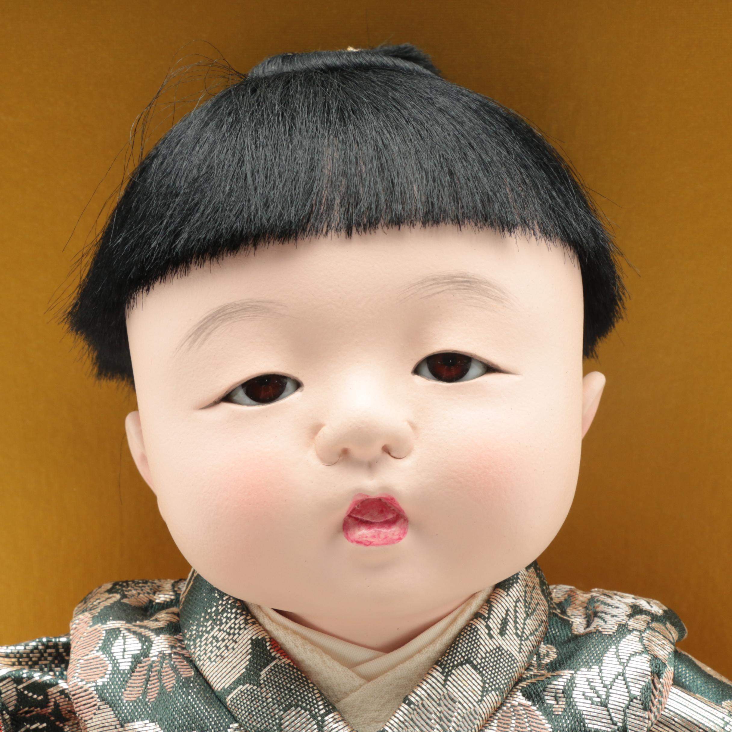 Japanese Gofun Doll in Lacquer Display Case, 20th Century