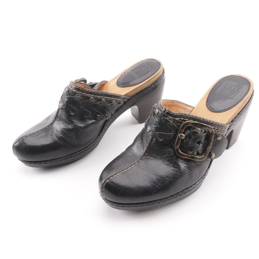 Women's Frye Candice Black Leather Woven Clogs