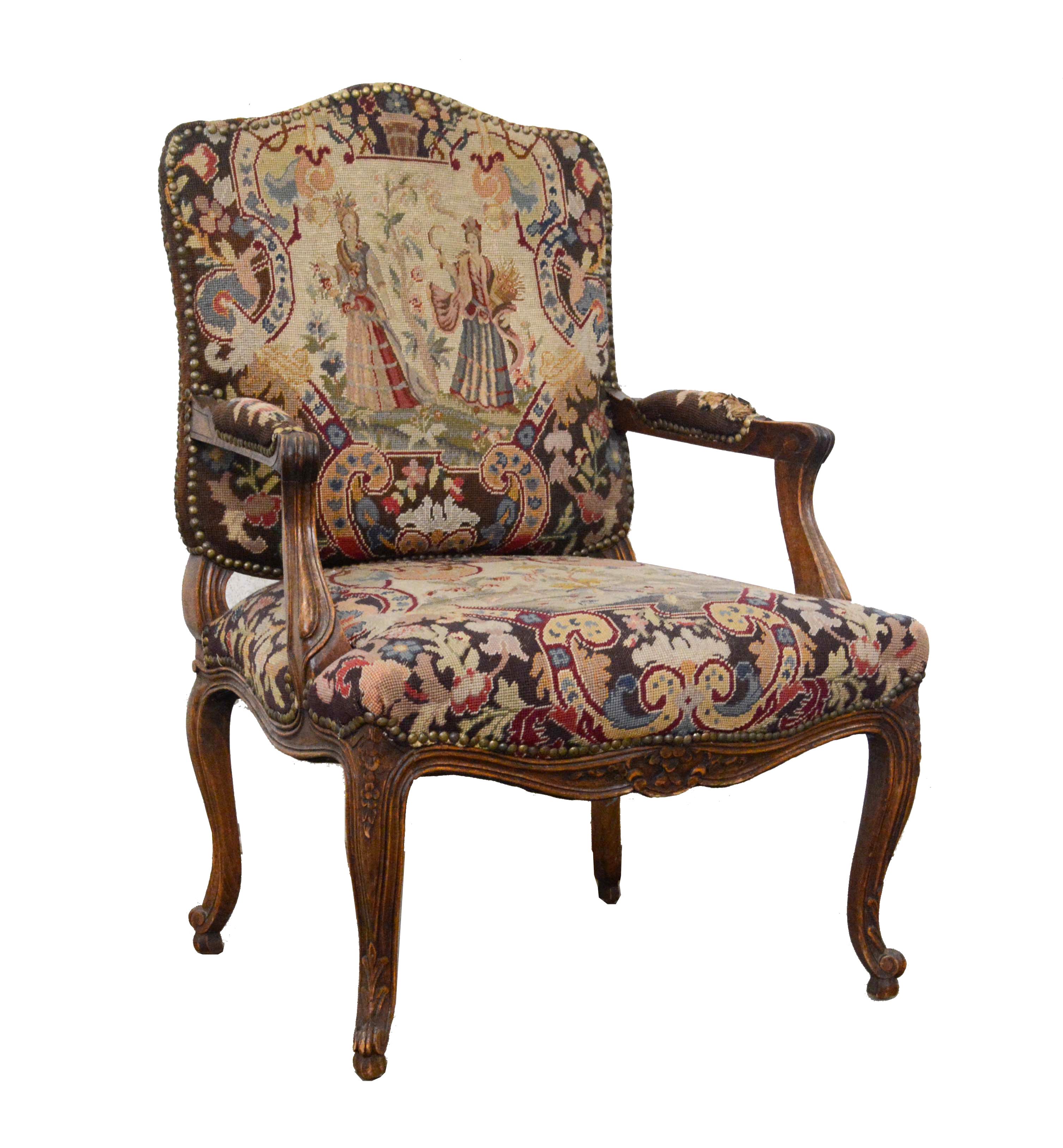 Louis XV Style Needlepoint Upholstered Fauteuil, Mid 20th Century