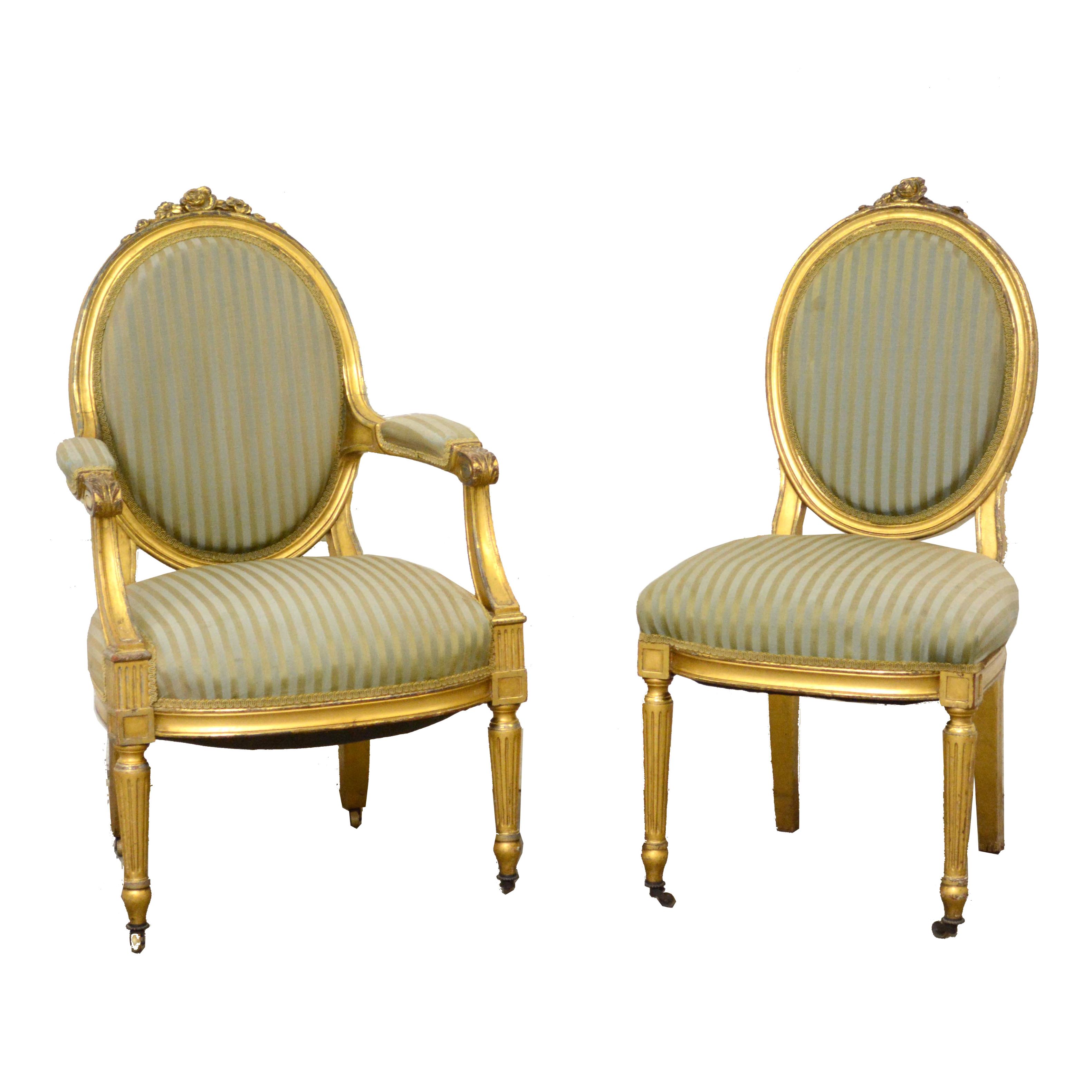 Louis XVI Style Giltwood Fauteuil and Side Chair, Late 19th/Early 20th Century