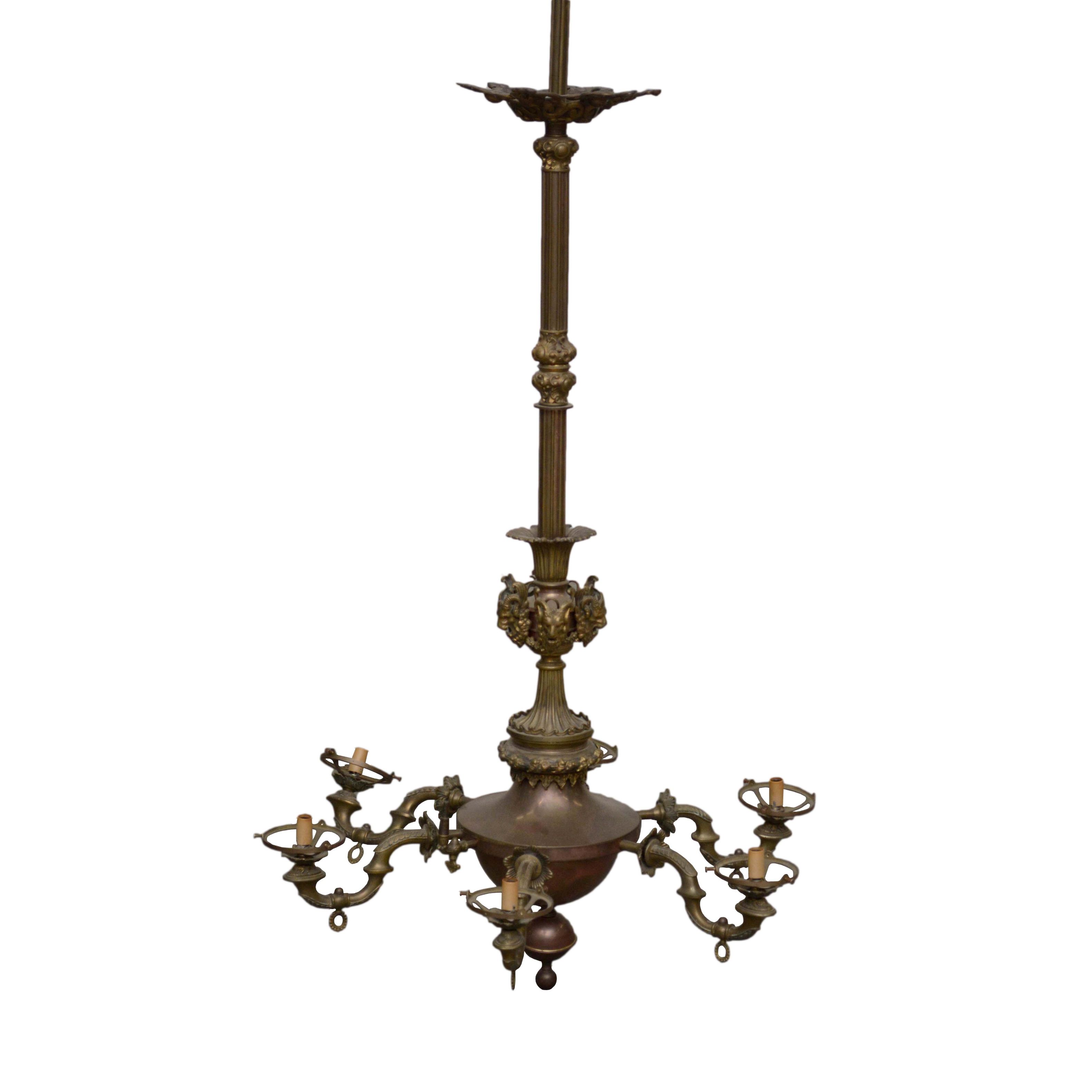 Cast Brass Ram Head and Leaf Six Arm Chandelier with Glass Shades