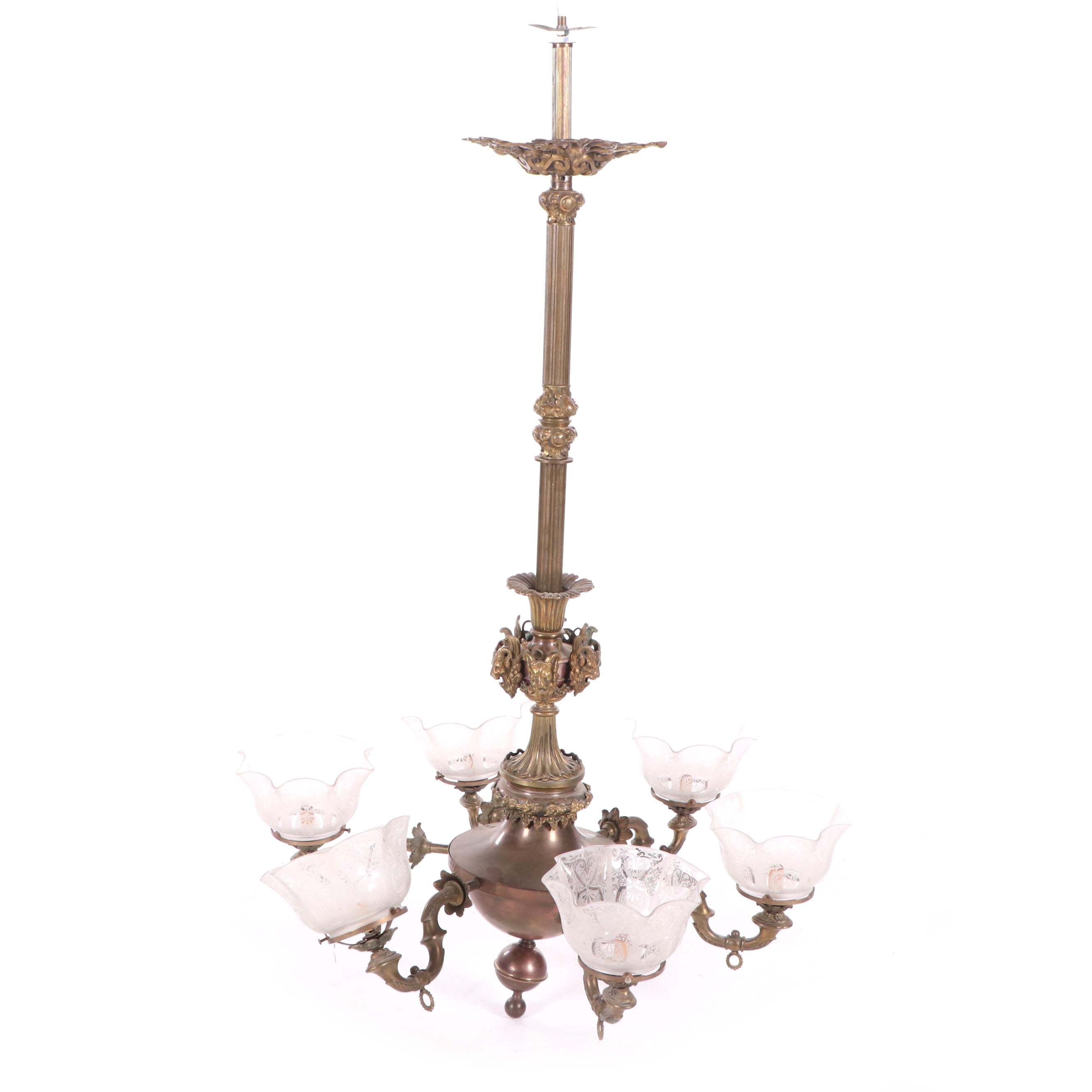 Cast Brass Ram Head and Leaf Six Arm Chandelier with Glass Shades