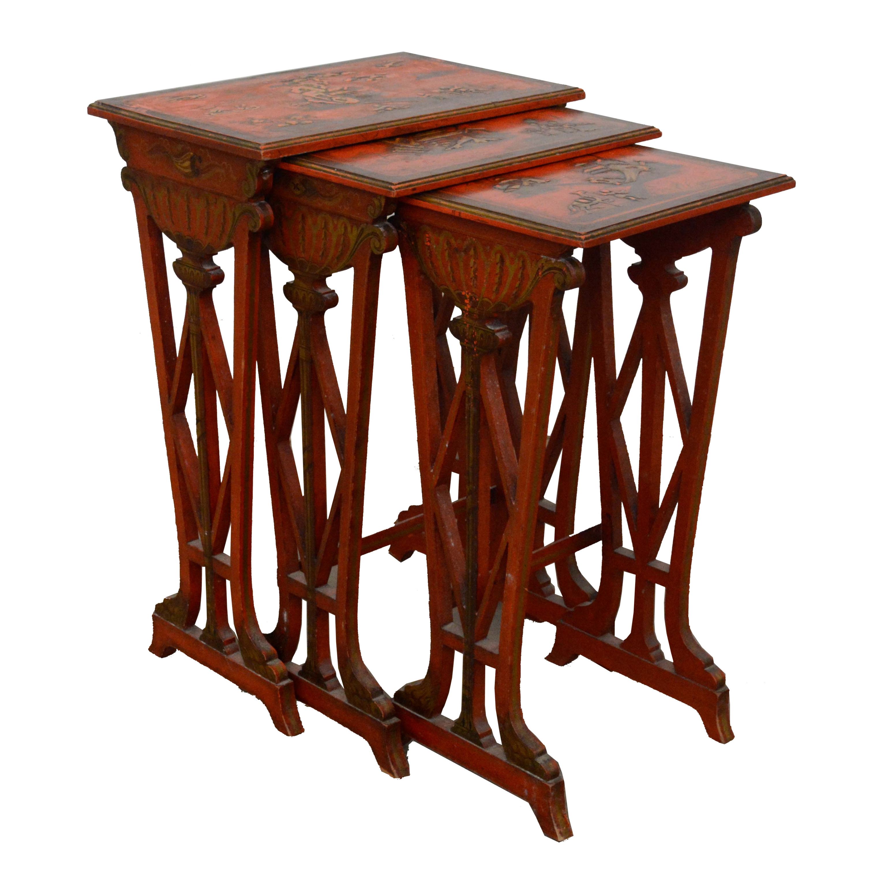 Set of Three Chinese Export Red Lacquer and Graduated Side Tables, 20th Century
