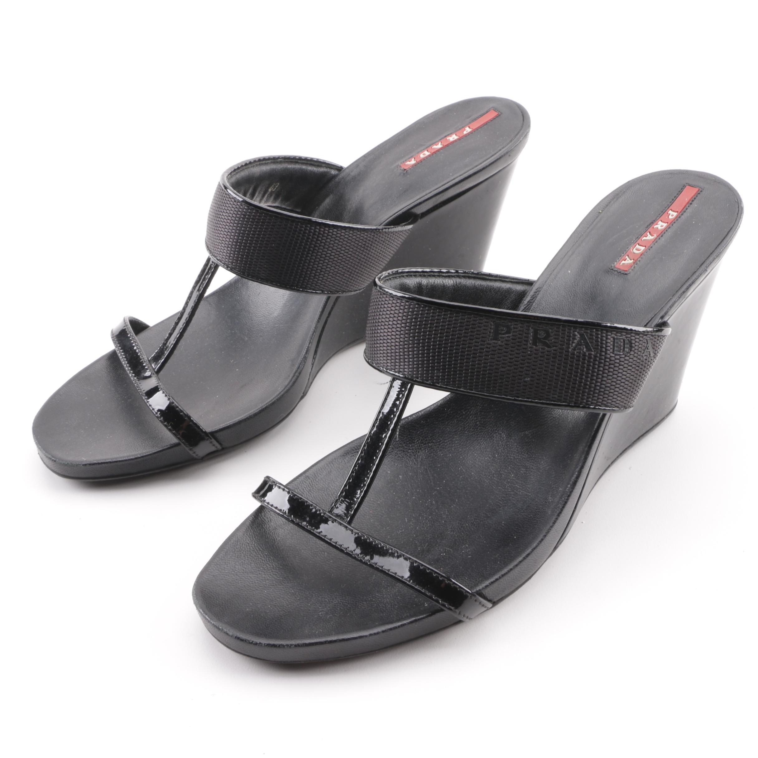 Prada Sport Black T-Strap Wedge Sandals