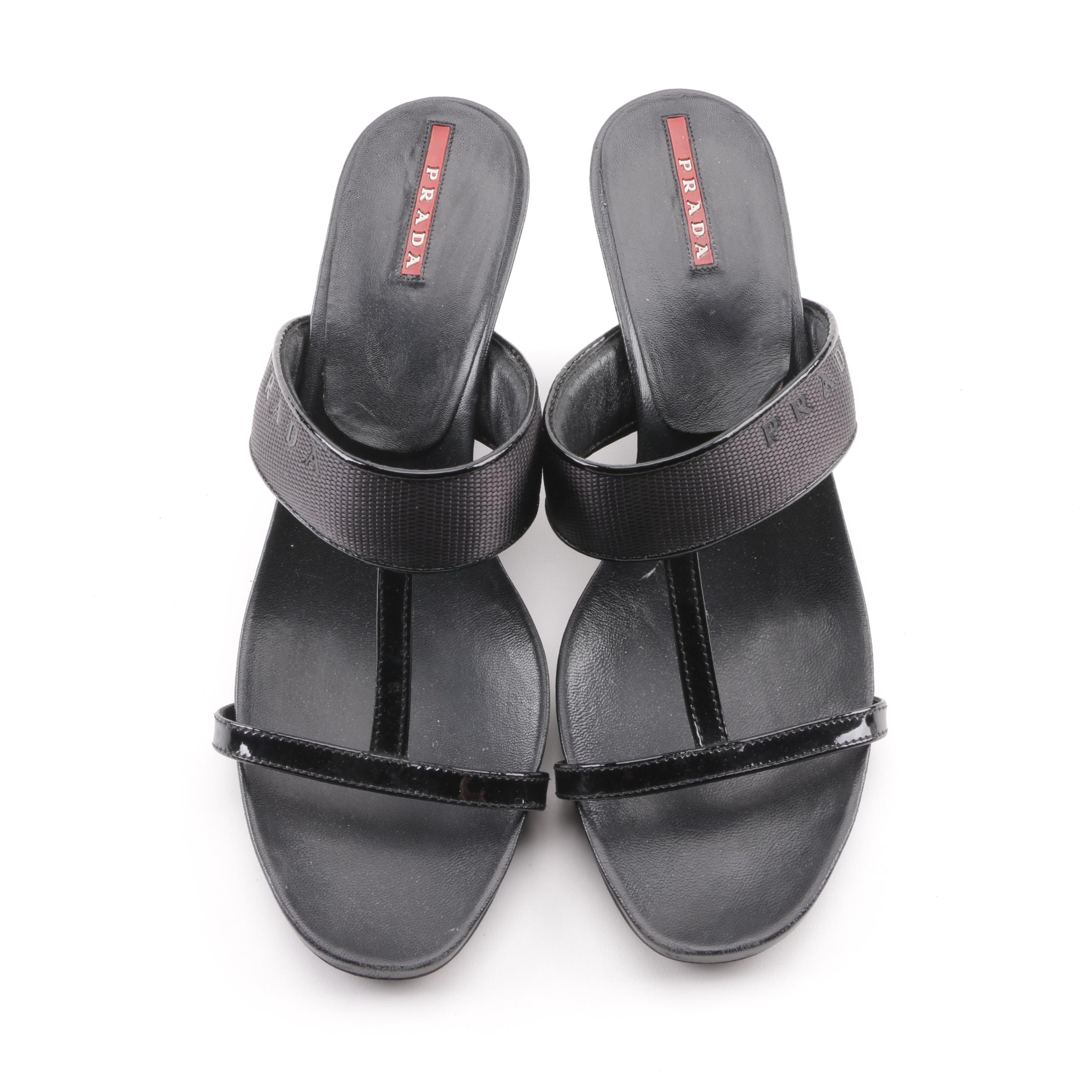 Prada Sport Black T-Strap Wedge Sandals