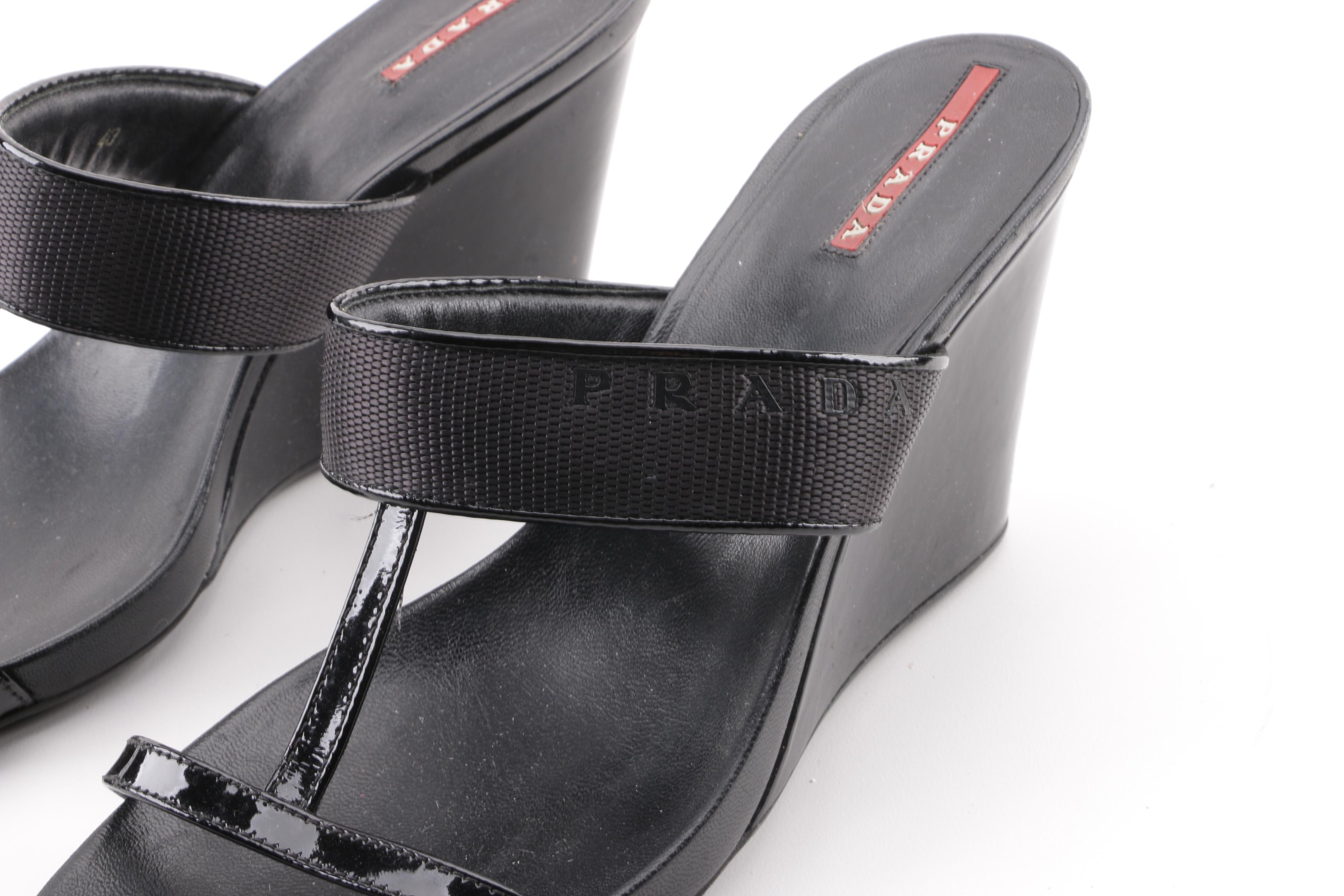 Prada Sport Black T-Strap Wedge Sandals
