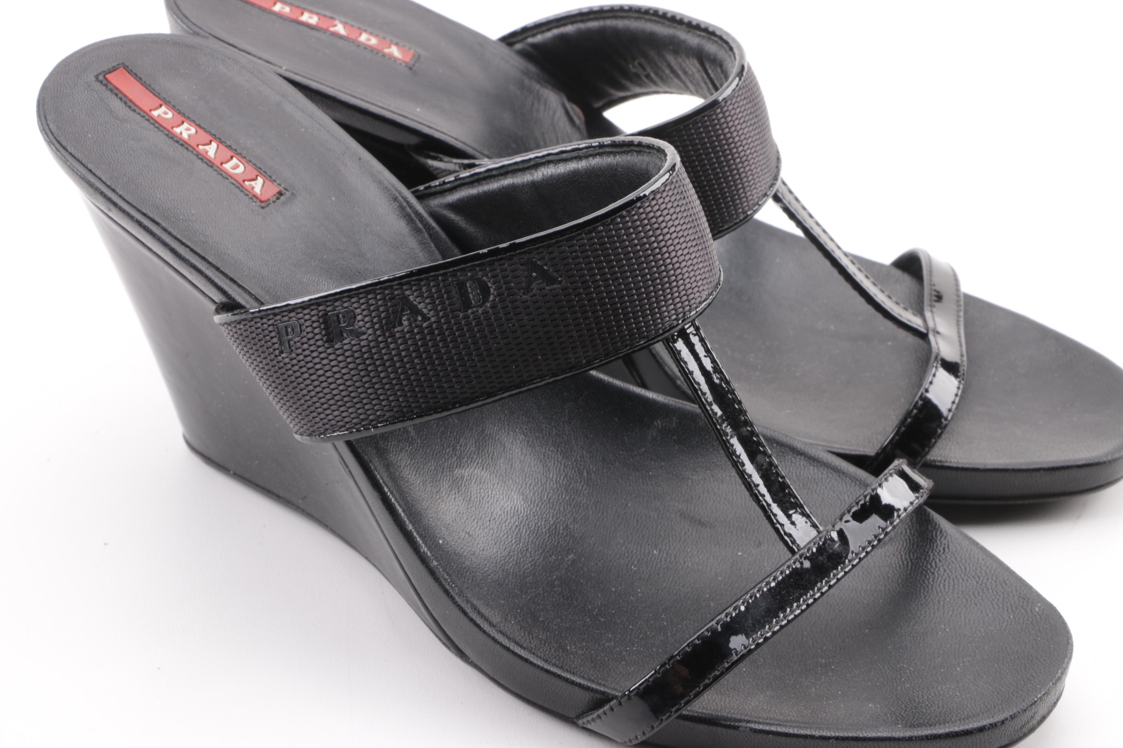 Prada Sport Black T-Strap Wedge Sandals