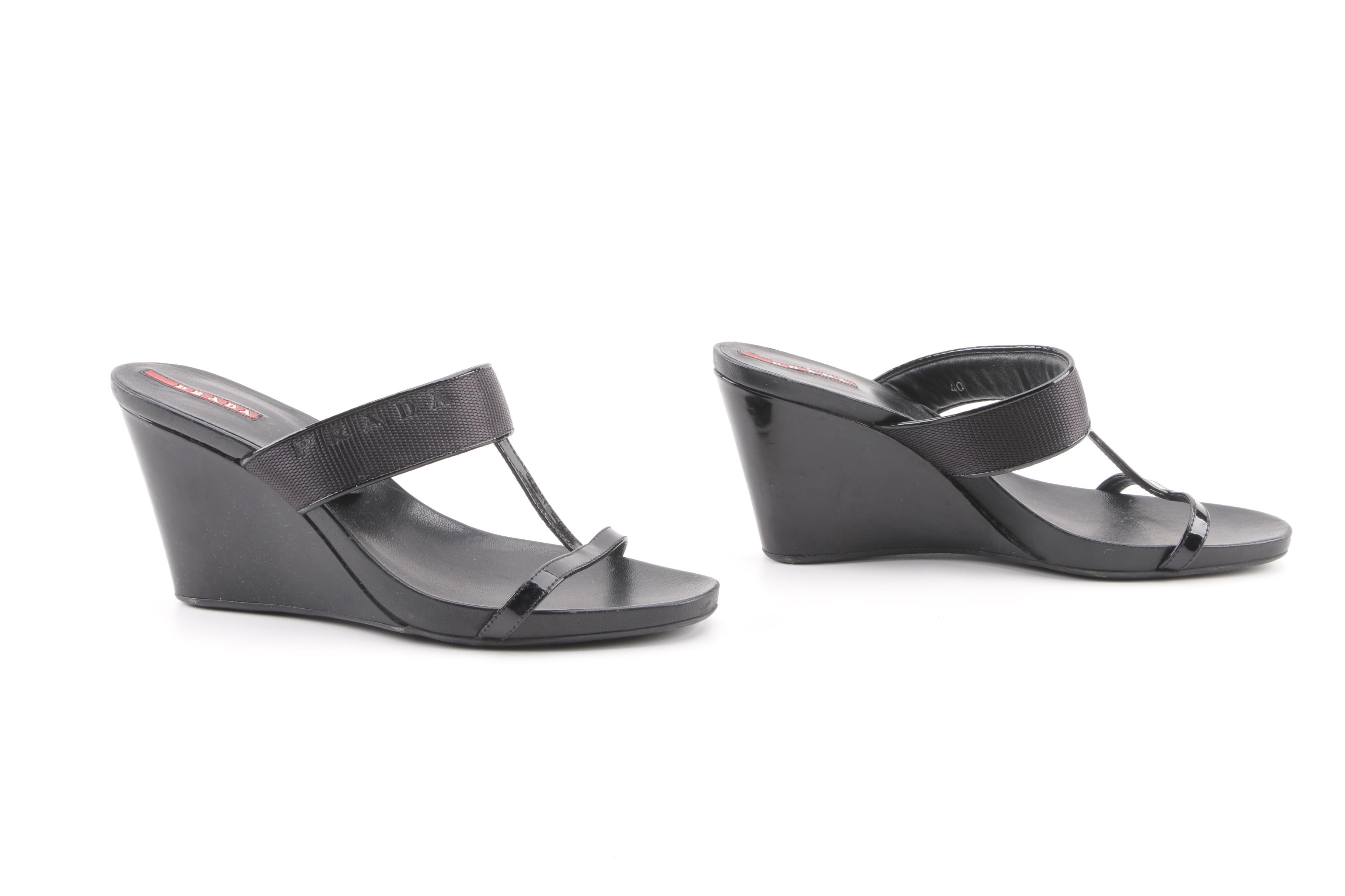 Prada Sport Black T-Strap Wedge Sandals