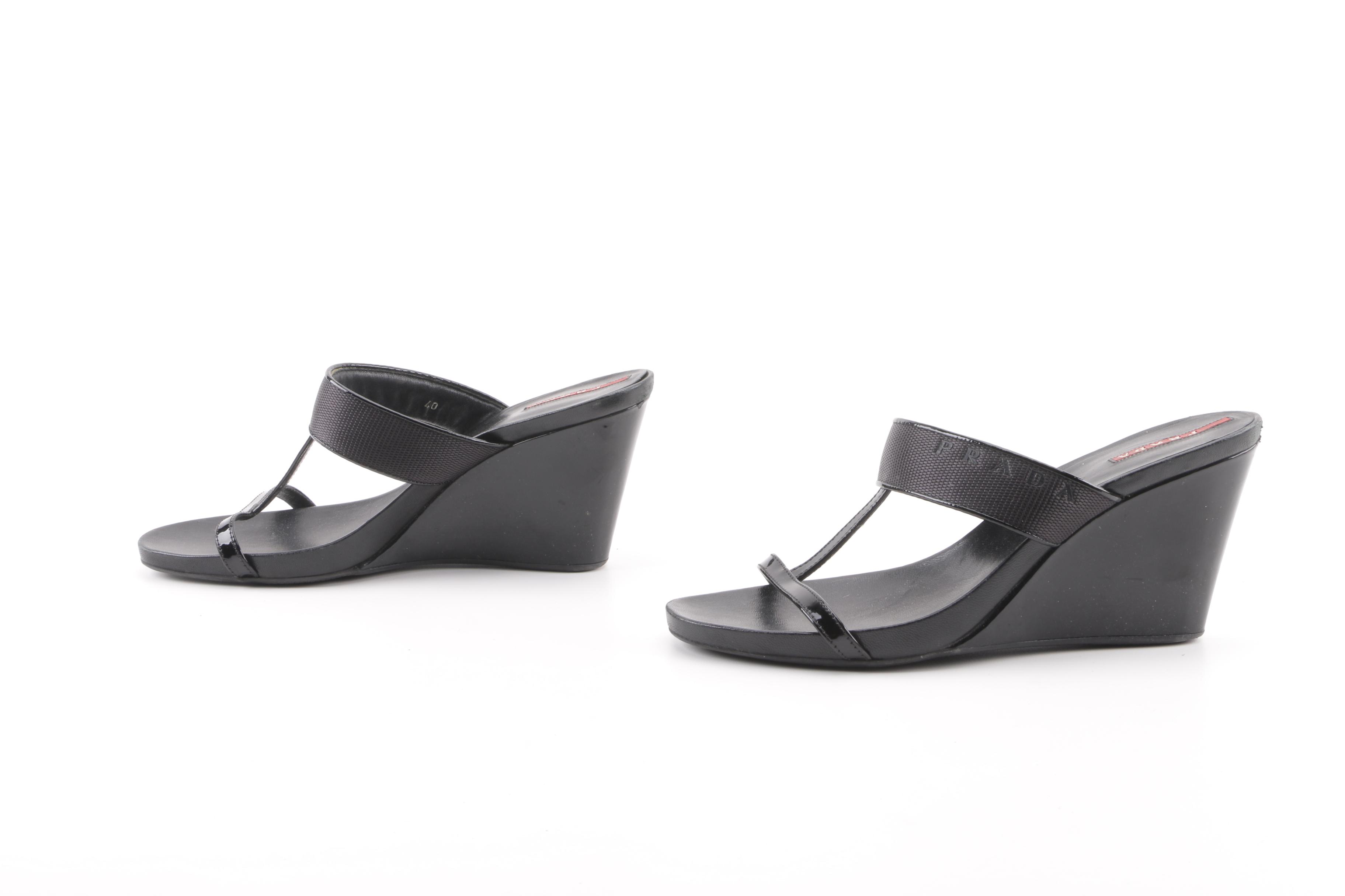 Prada Sport Black T-Strap Wedge Sandals
