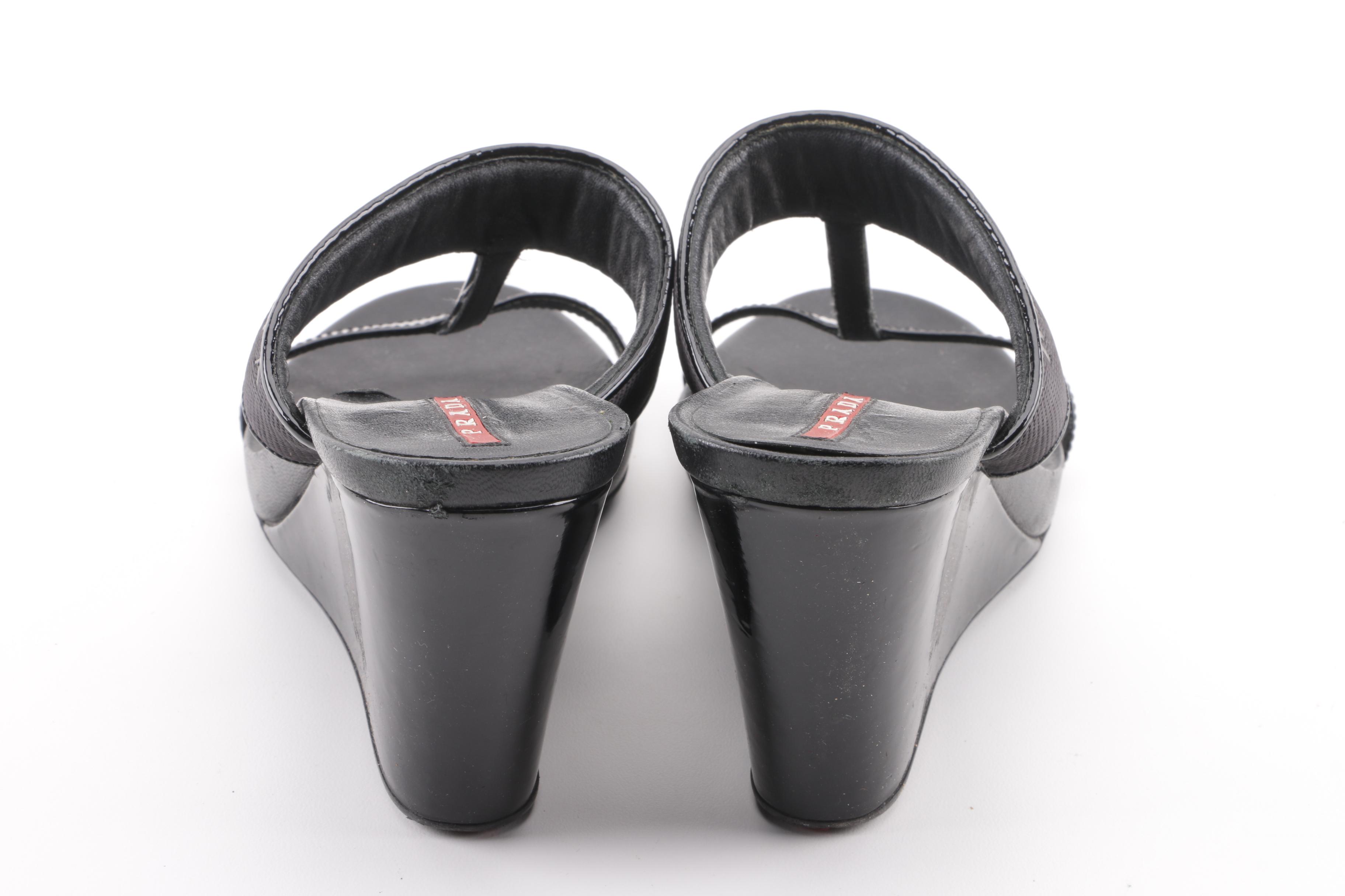 Prada Sport Black T-Strap Wedge Sandals