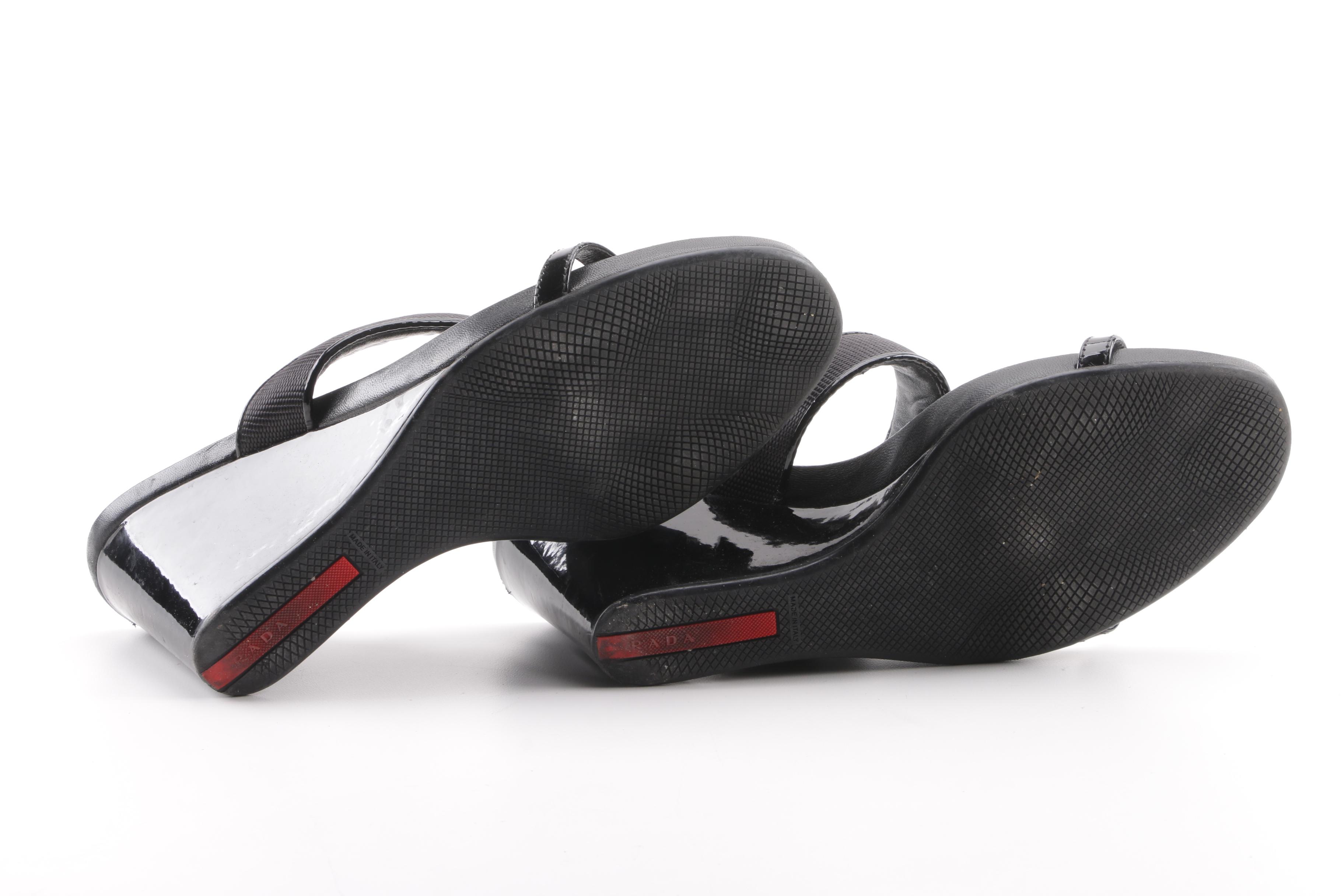 Prada Sport Black T-Strap Wedge Sandals