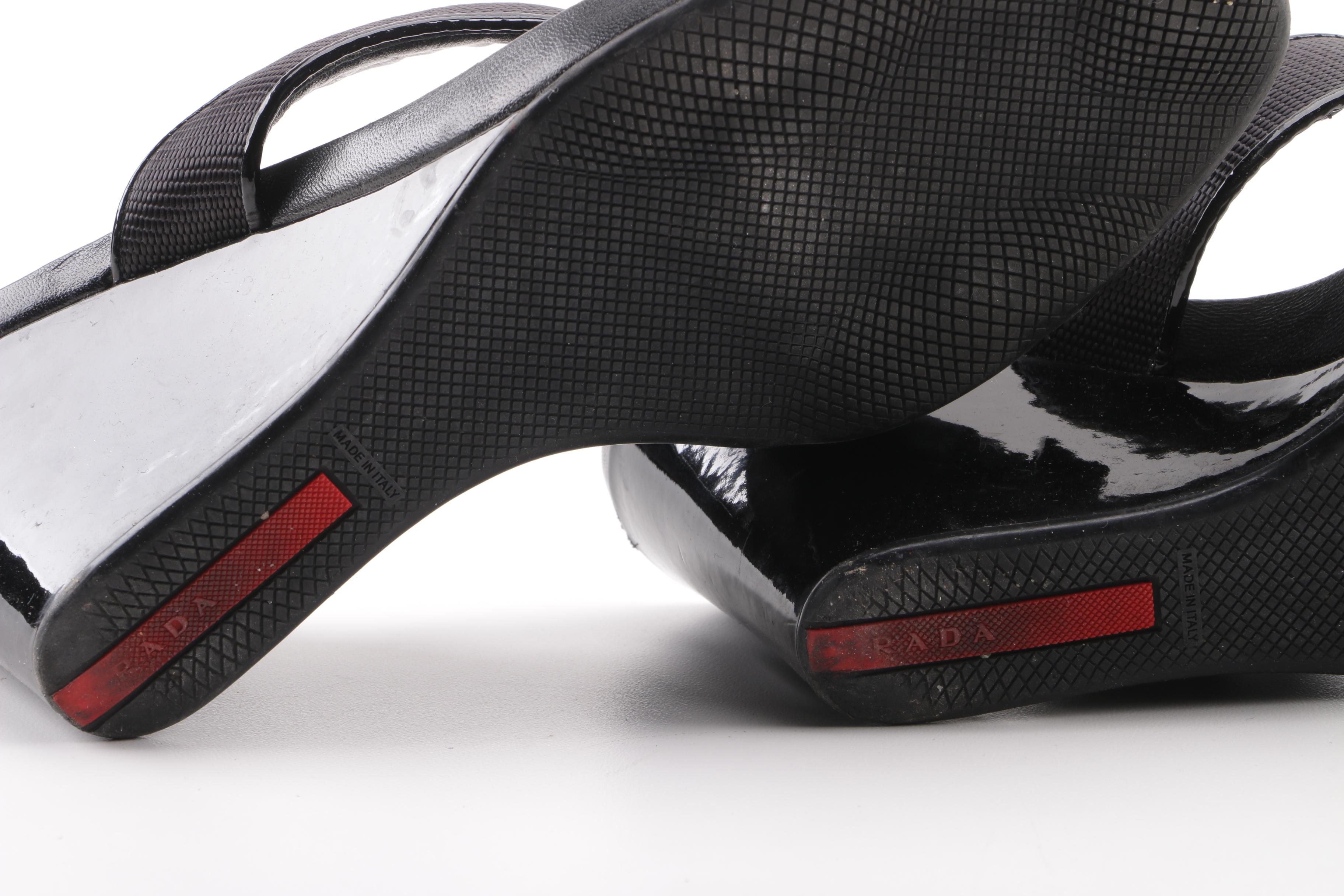Prada Sport Black T-Strap Wedge Sandals