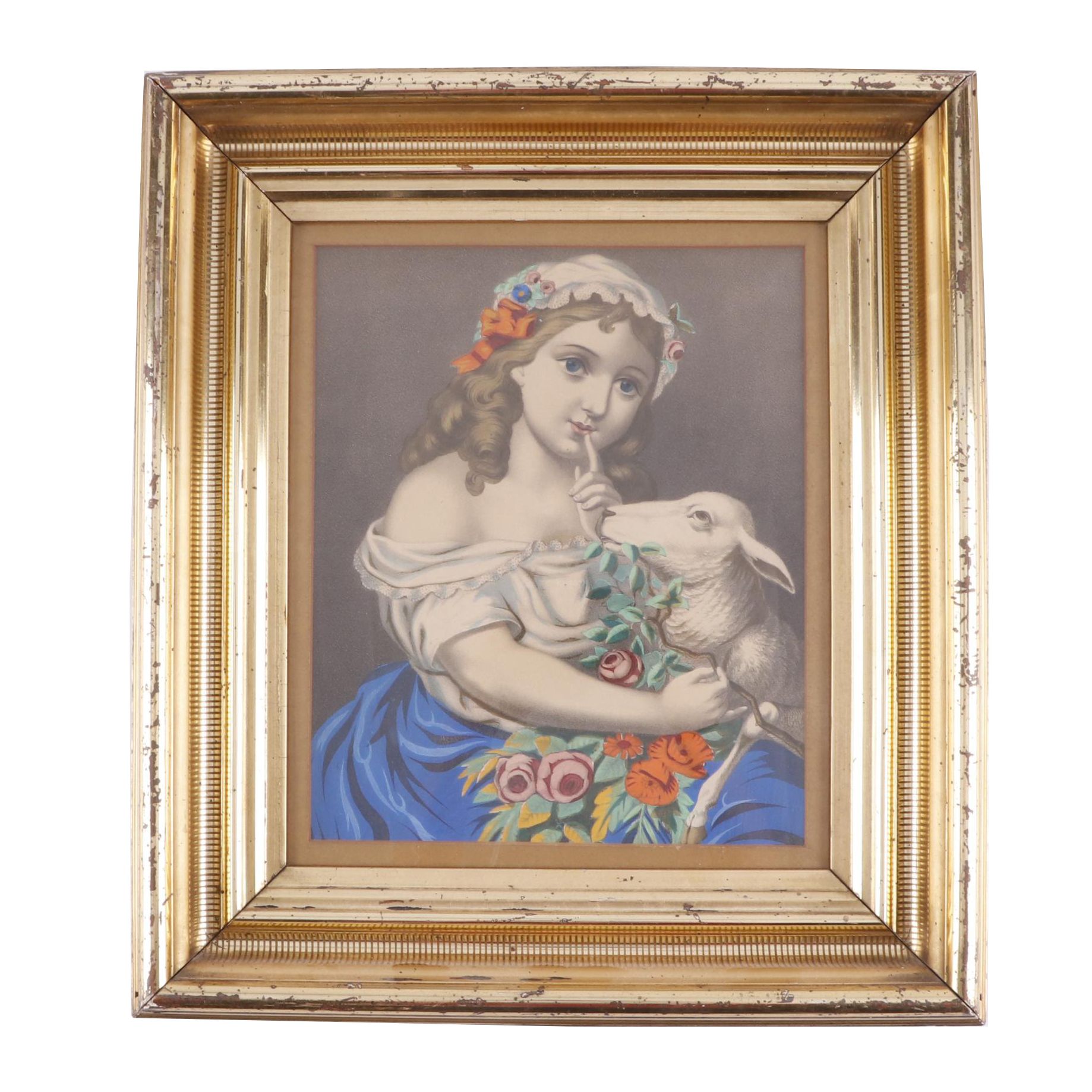 Hand-Colored Lithograph of Girl with Lamb