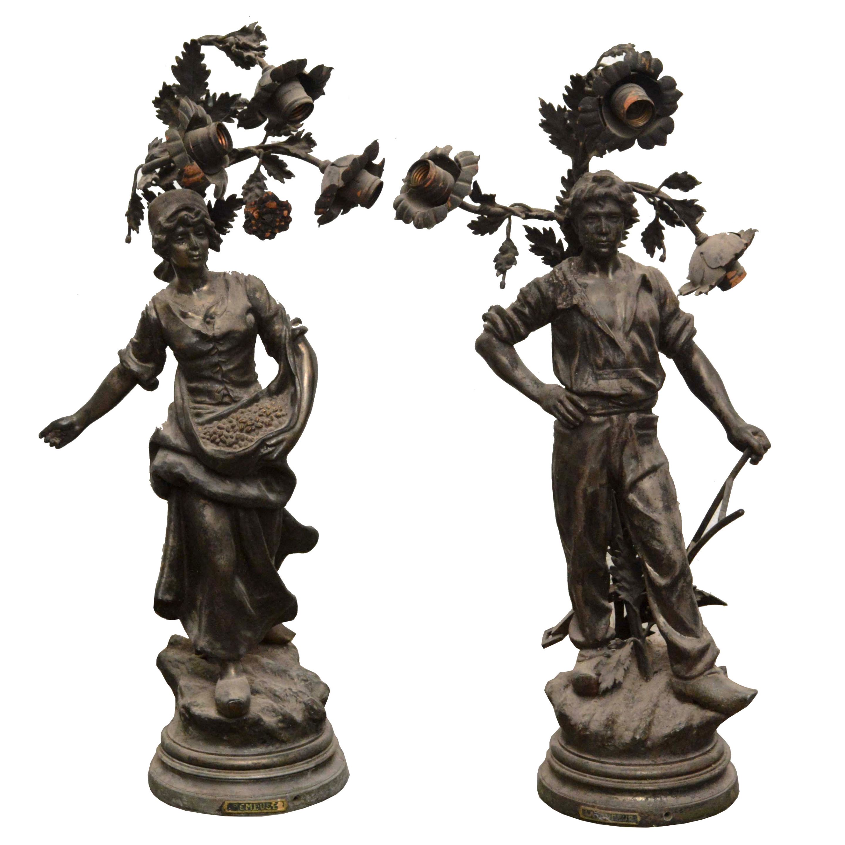 French Art Nouveau Bronzed Spelter "The Sower" and "Seeder" Figural Table Lamps