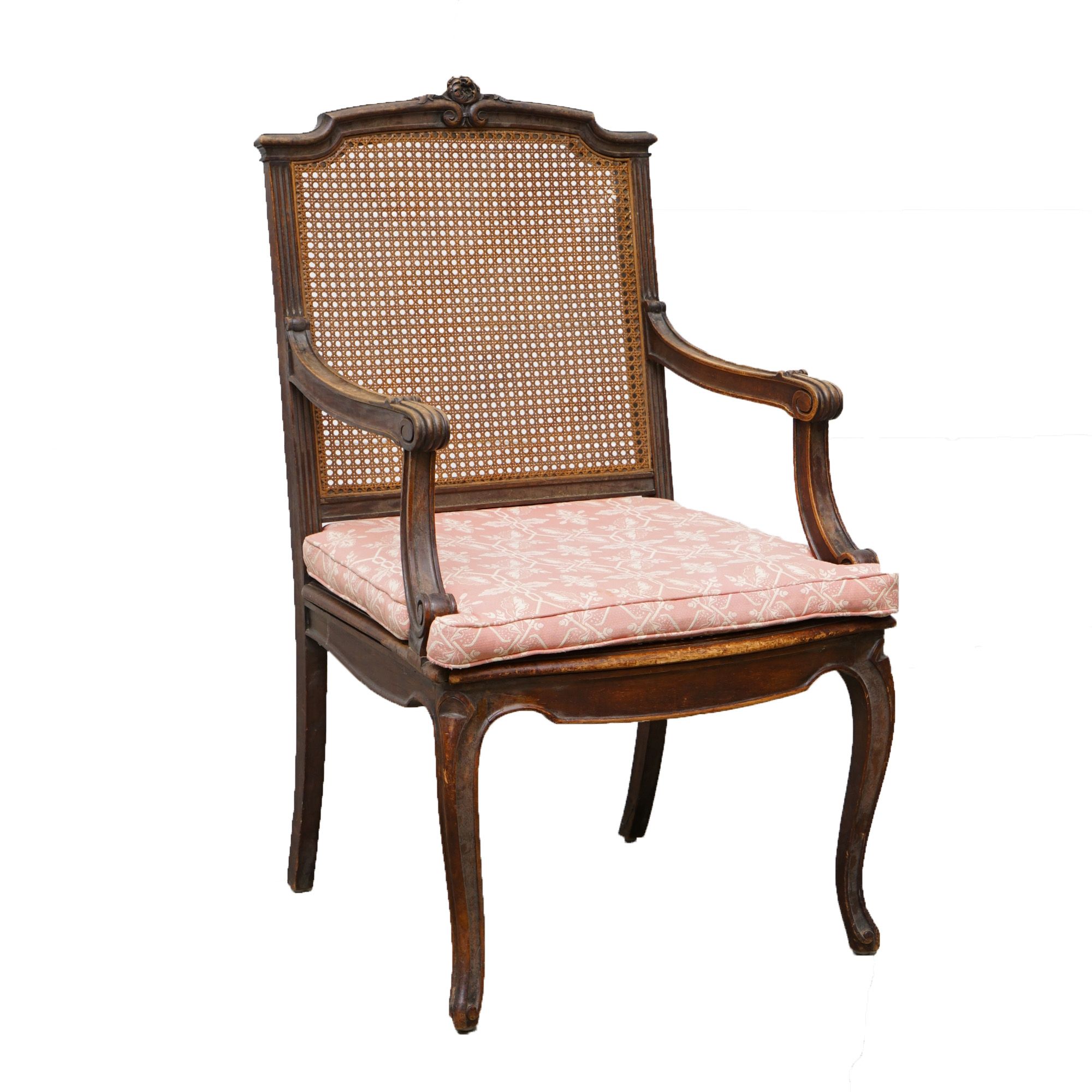 Louis XV Style Caned Walnut Provincial Fauteuil, Late 19th/Early 20th Century