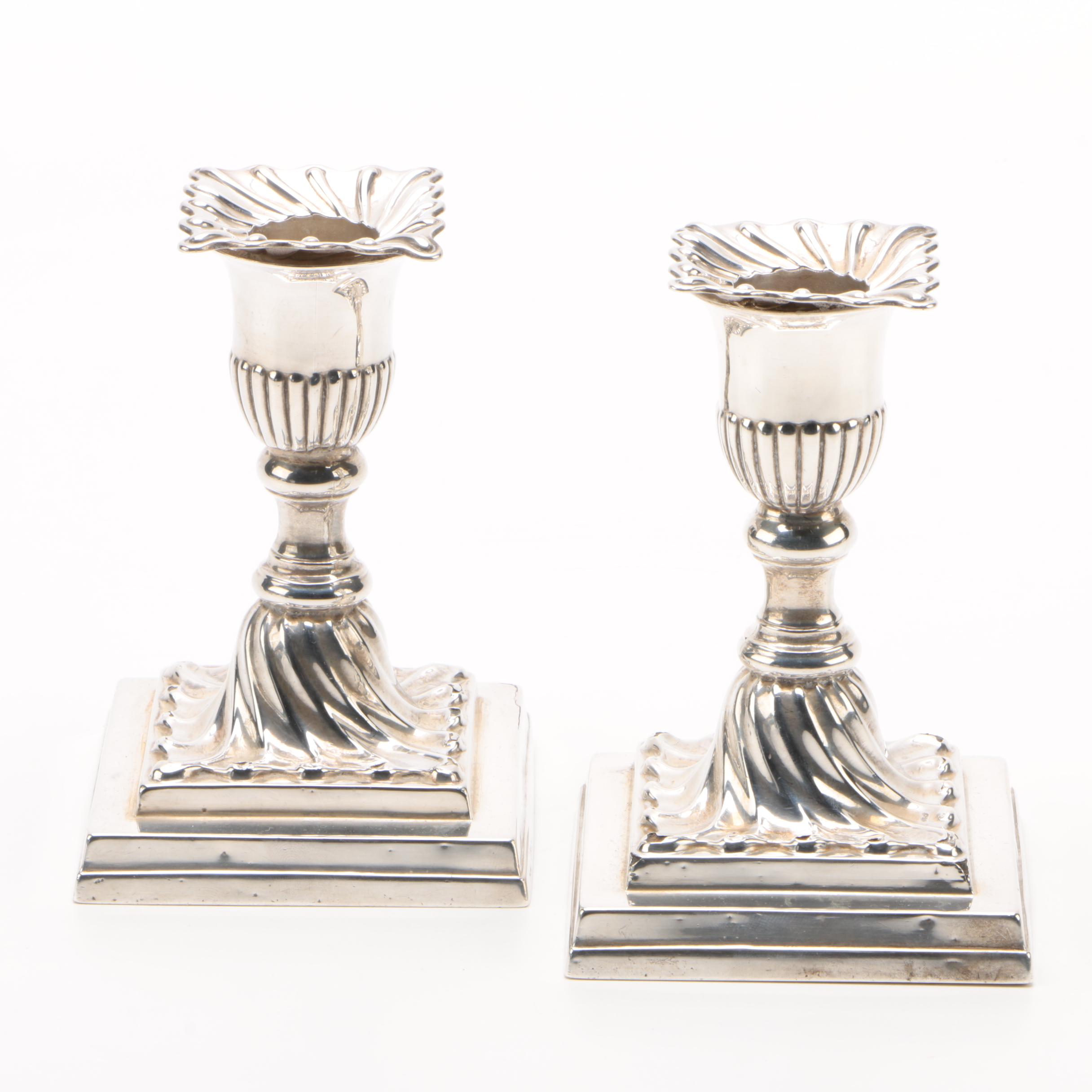 Hawksworth, Eyre & Co. Weighted Sterling Silver Candlesticks, Late 19th Century