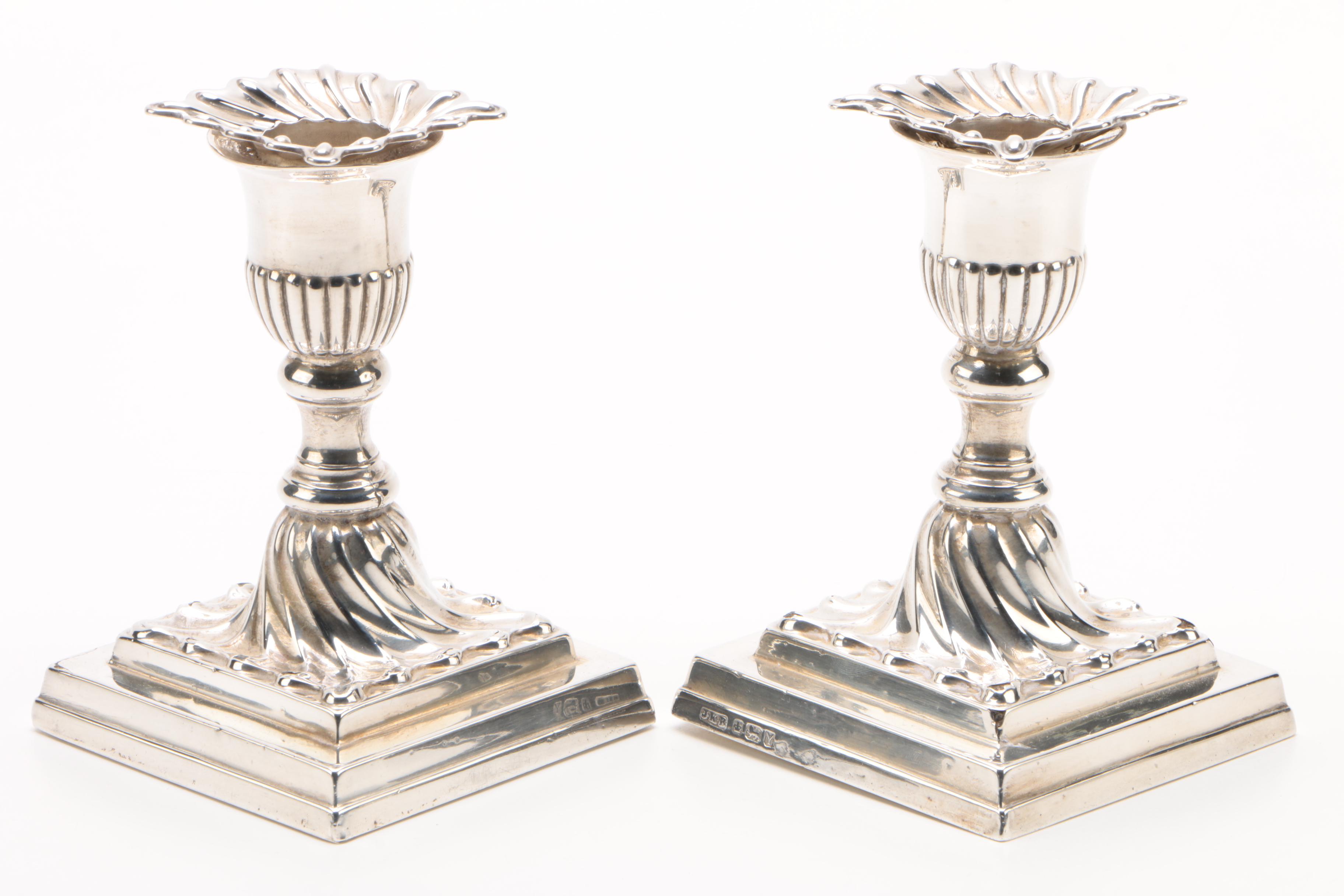 Hawksworth, Eyre & Co. Weighted Sterling Silver Candlesticks, Late 19th Century