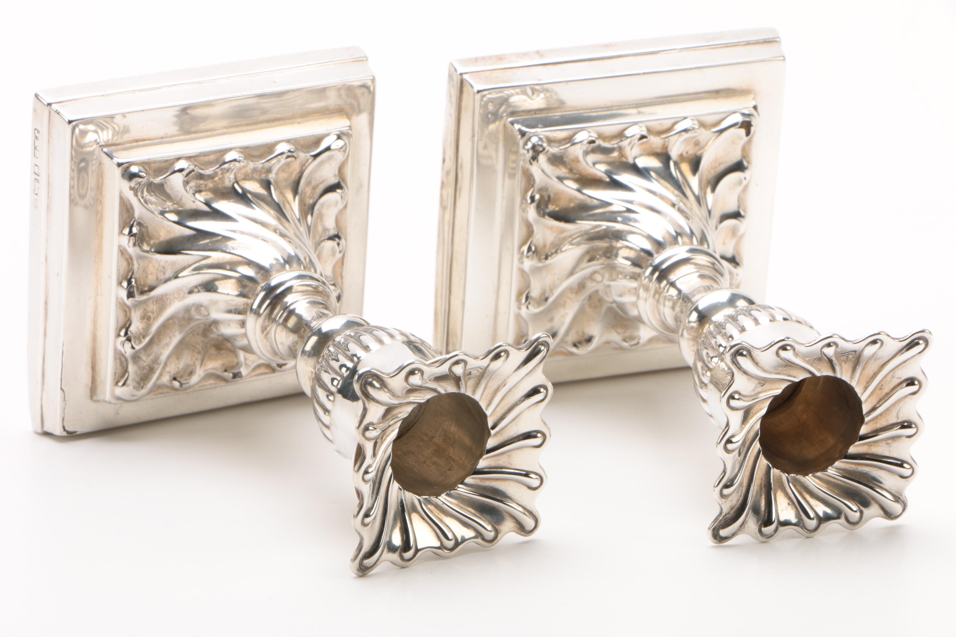 Hawksworth, Eyre & Co. Weighted Sterling Silver Candlesticks, Late 19th Century