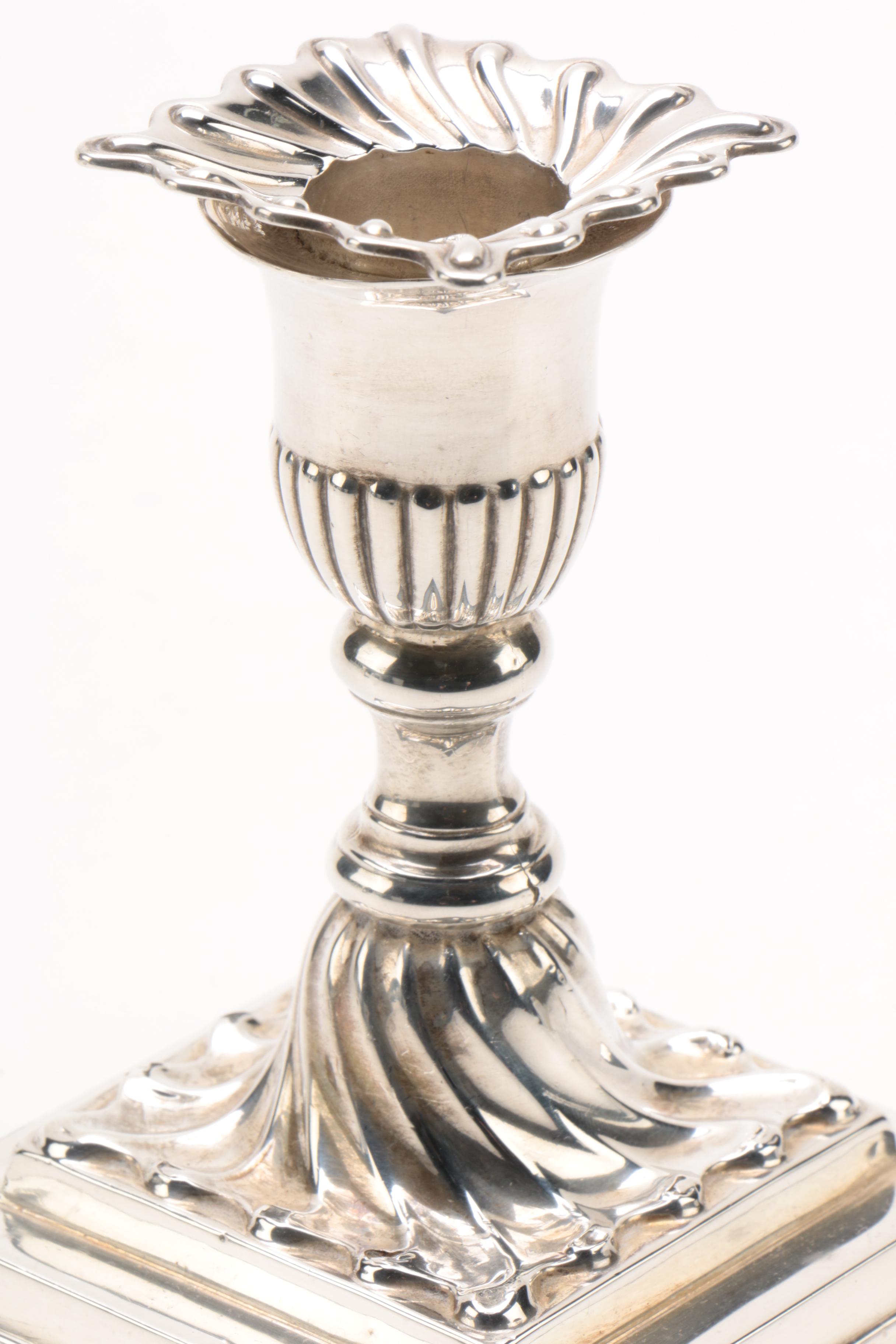 Hawksworth, Eyre & Co. Weighted Sterling Silver Candlesticks, Late 19th Century