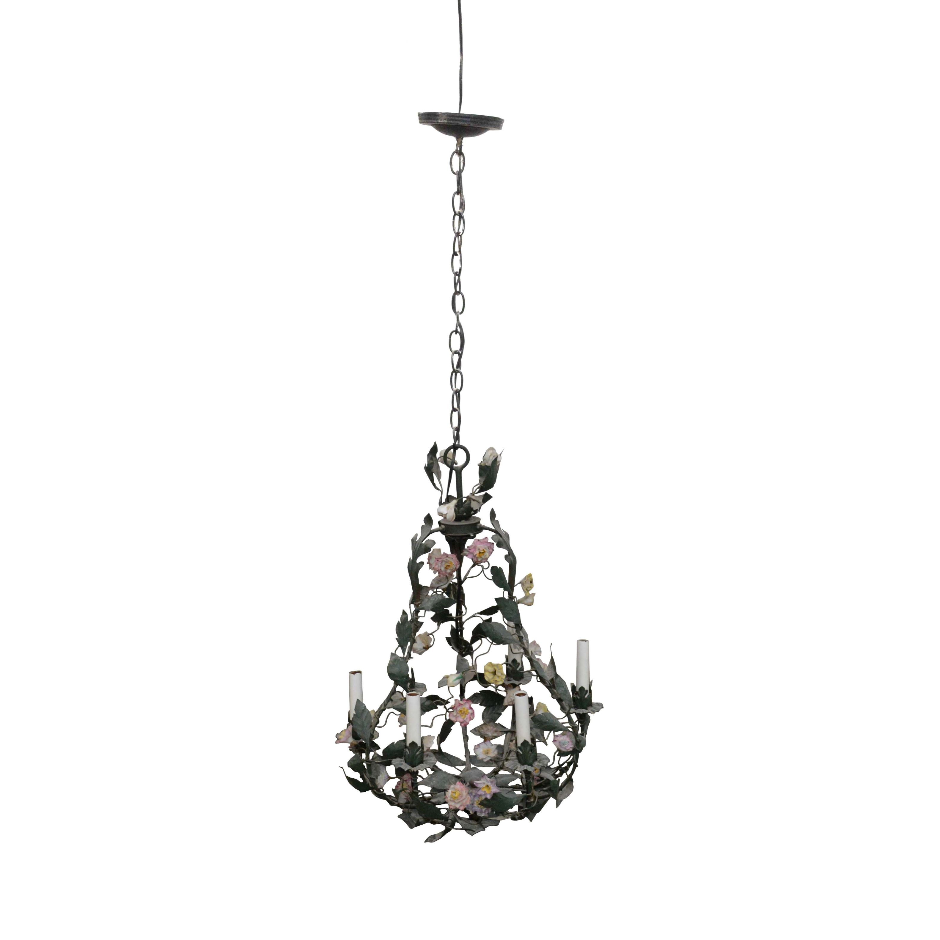 Polychrome Cast Metal Garden Rose Six Arm Chandelier