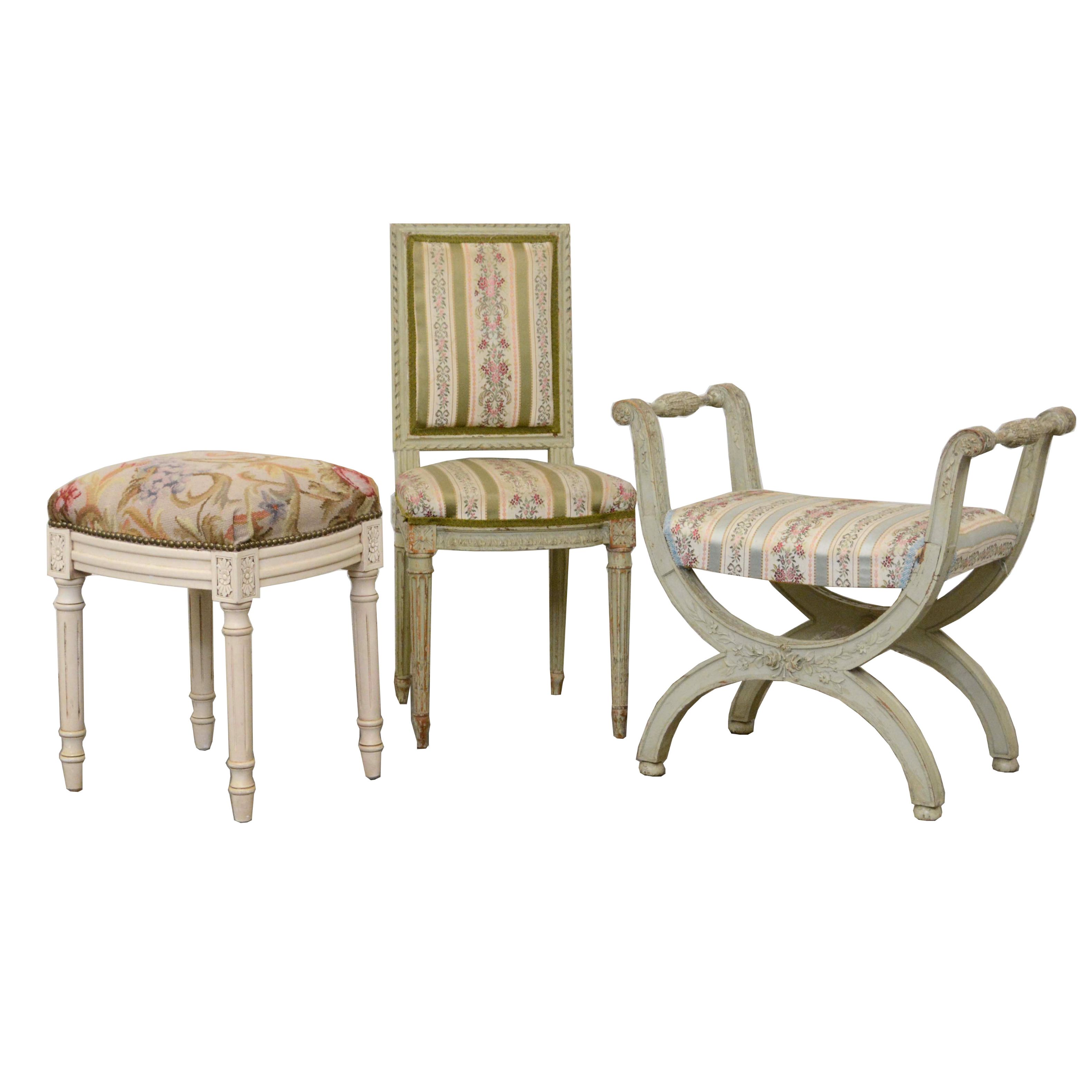 French Neoclassical Style Painted Wood Side Chair and Stools, 20th Century