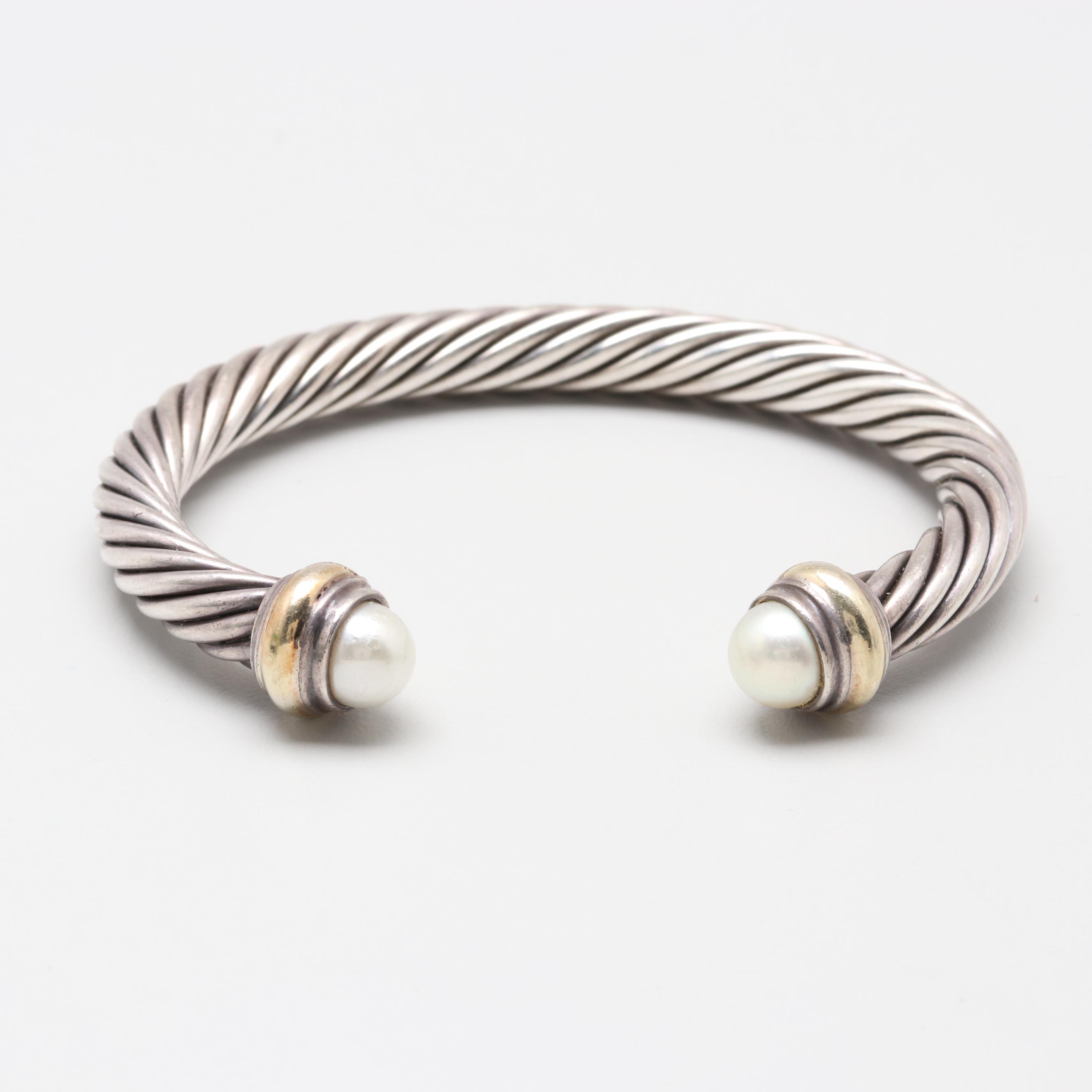 David Yurman Cable Classics Sterling Silver Cultured Pearl and 14K Cuff Bracelet