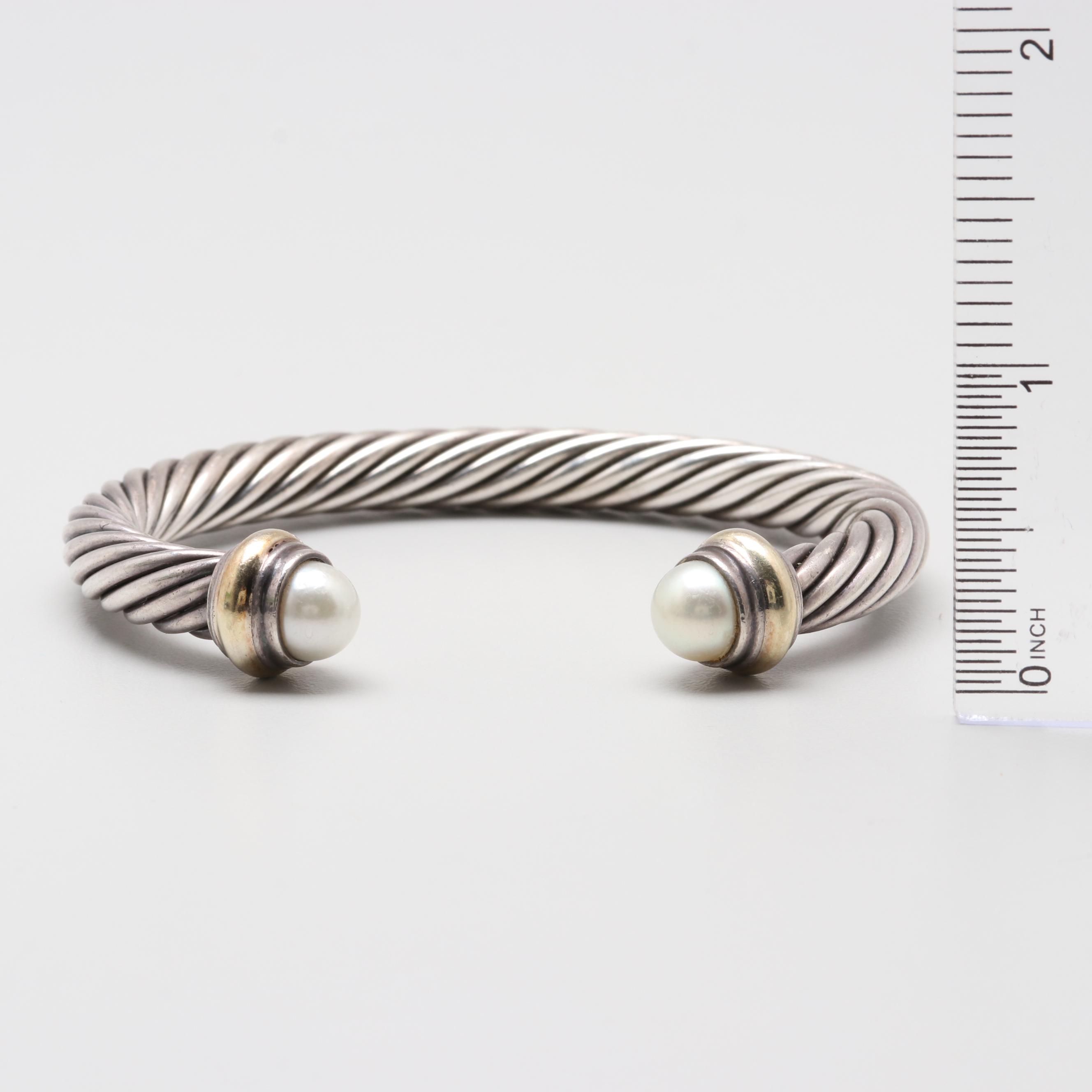 David Yurman Cable Classics Sterling Silver Cultured Pearl and 14K Cuff Bracelet