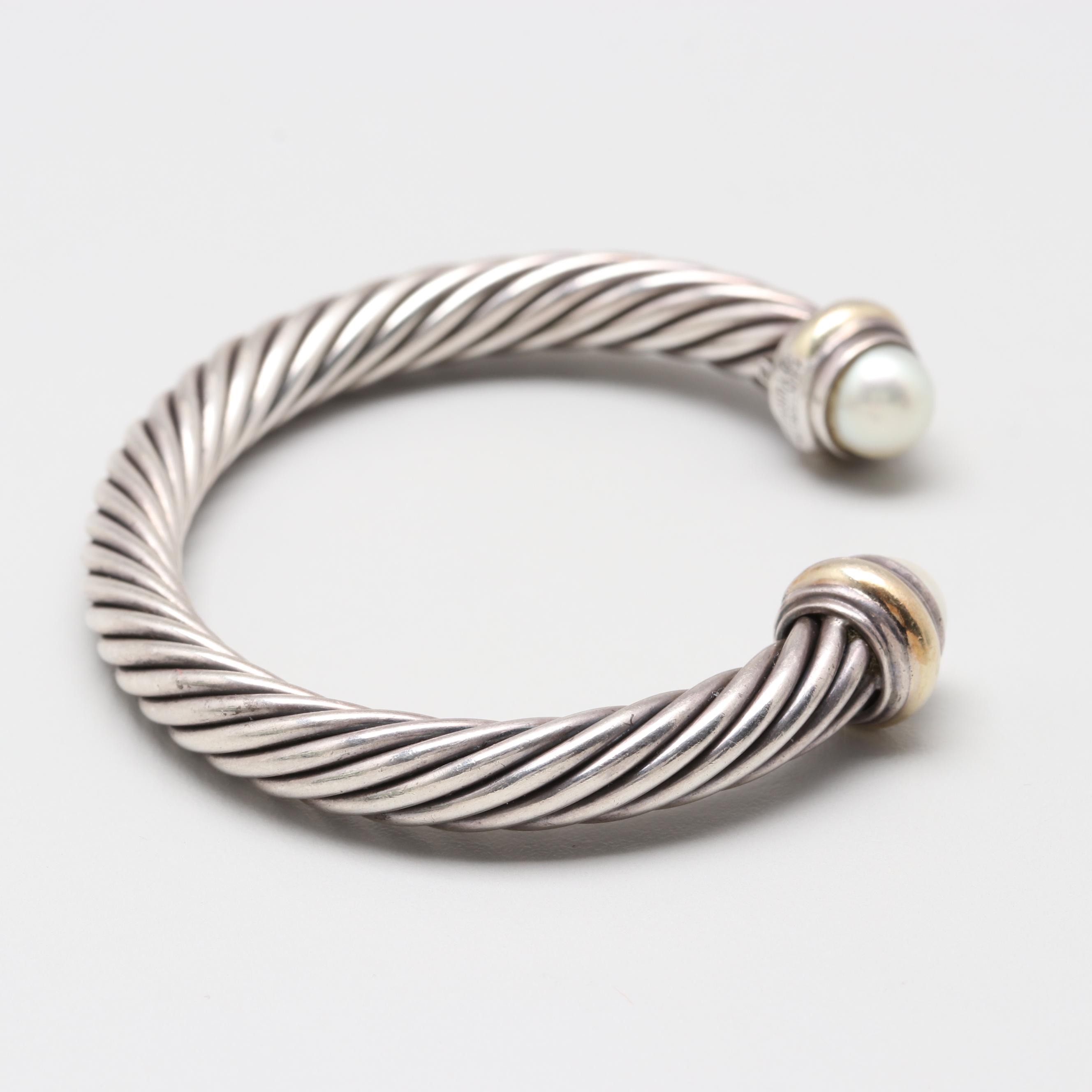 David Yurman Cable Classics Sterling Silver Cultured Pearl and 14K Cuff Bracelet