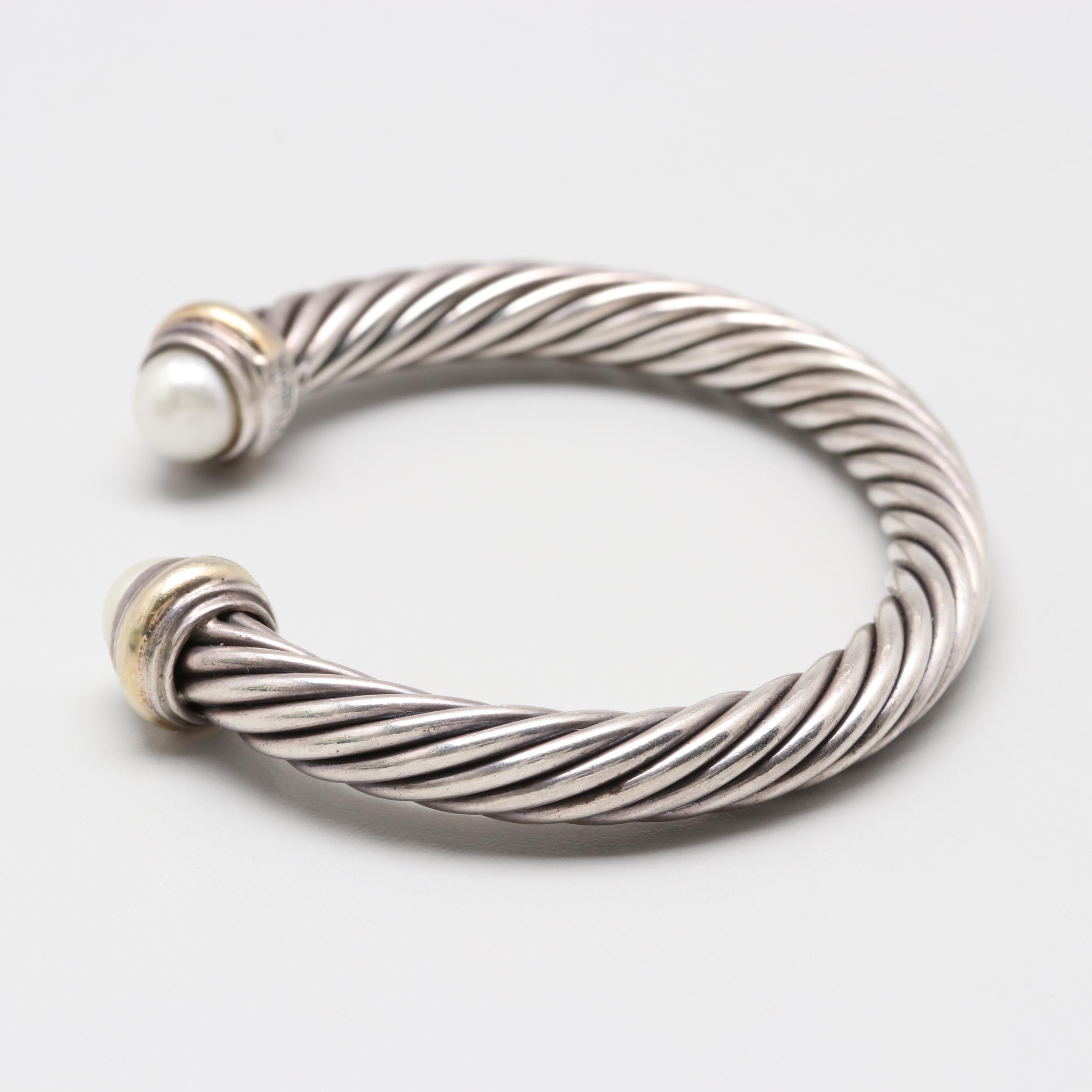 David Yurman Cable Classics Sterling Silver Cultured Pearl and 14K Cuff Bracelet