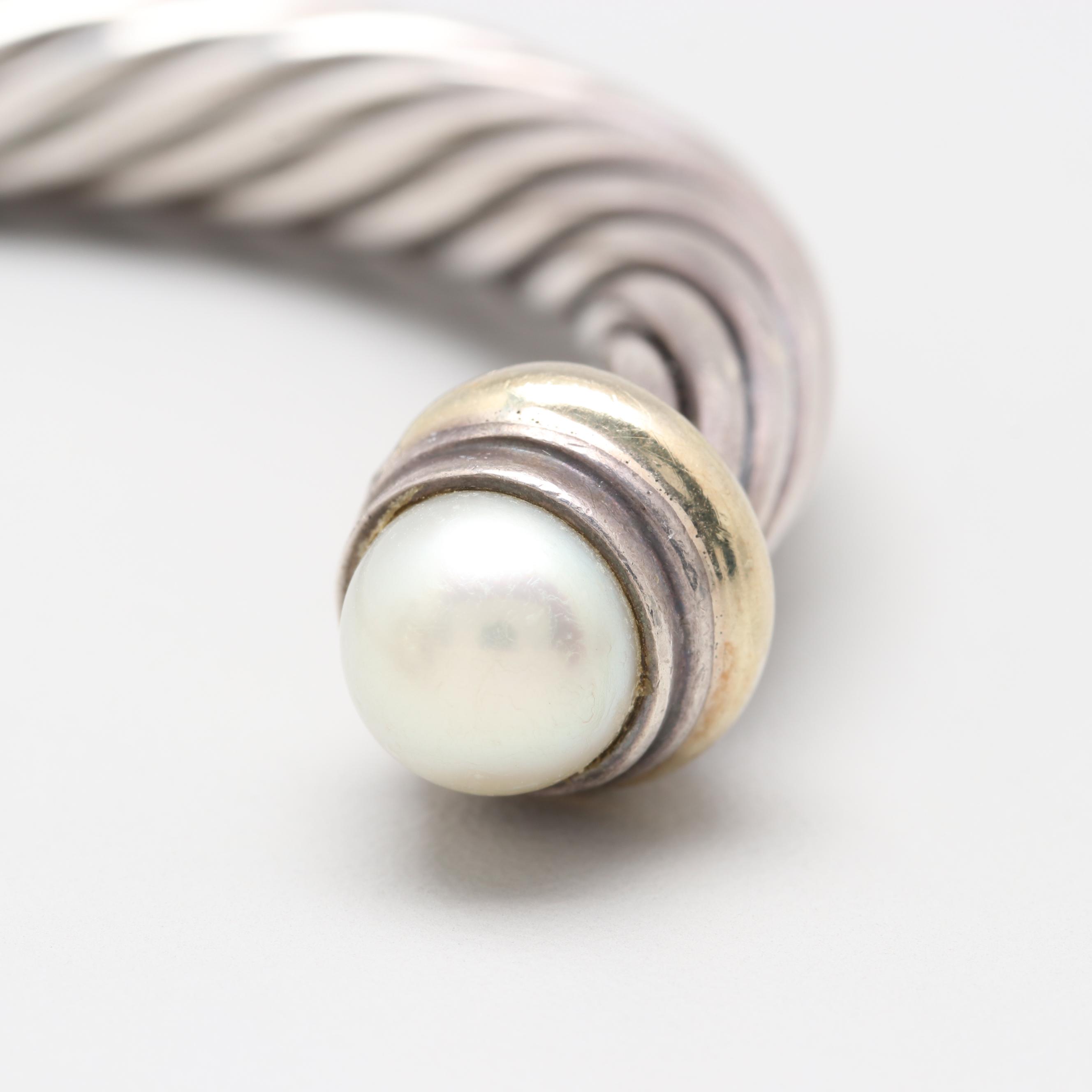 David Yurman Cable Classics Sterling Silver Cultured Pearl and 14K Cuff Bracelet