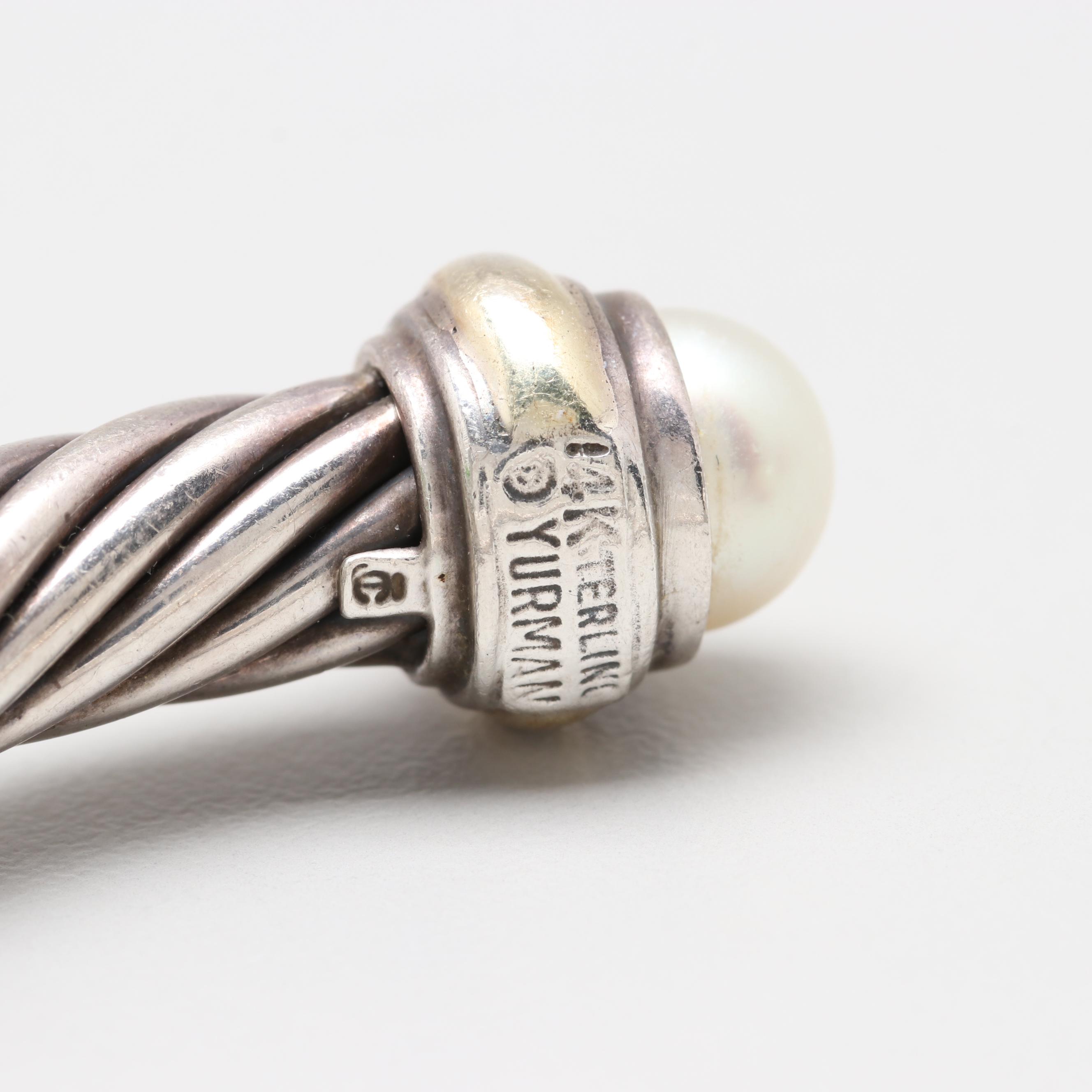 David Yurman Cable Classics Sterling Silver Cultured Pearl and 14K Cuff Bracelet