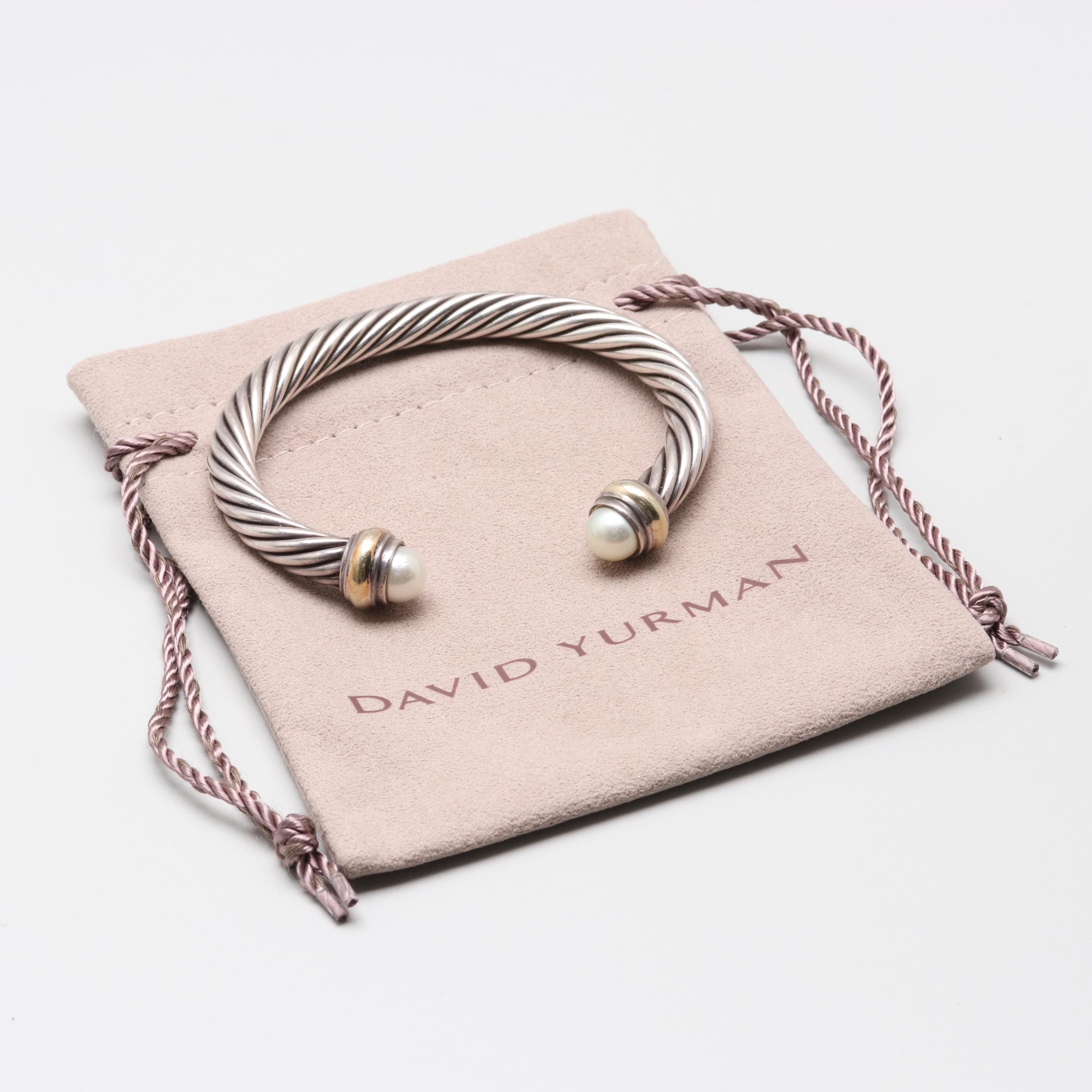David Yurman Cable Classics Sterling Silver Cultured Pearl and 14K Cuff Bracelet