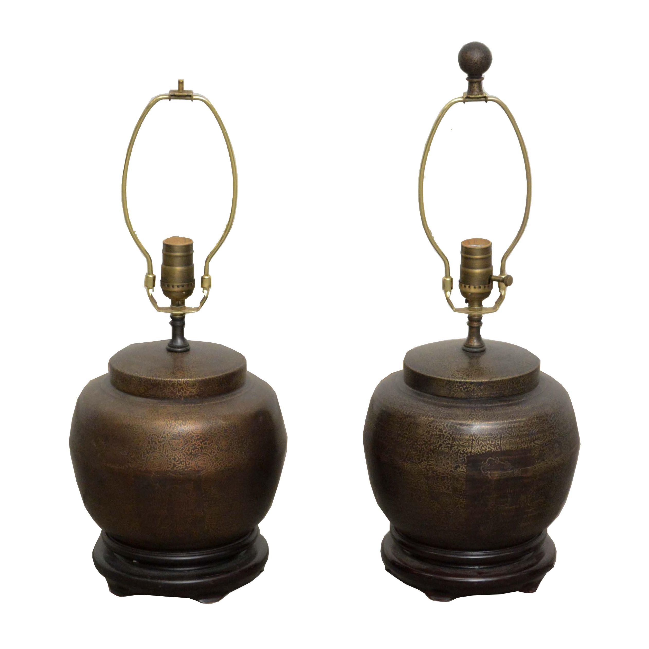 Chinese Metal Ginger Jar Lamps featuring Buddha, Flower Medallion and Arabesque