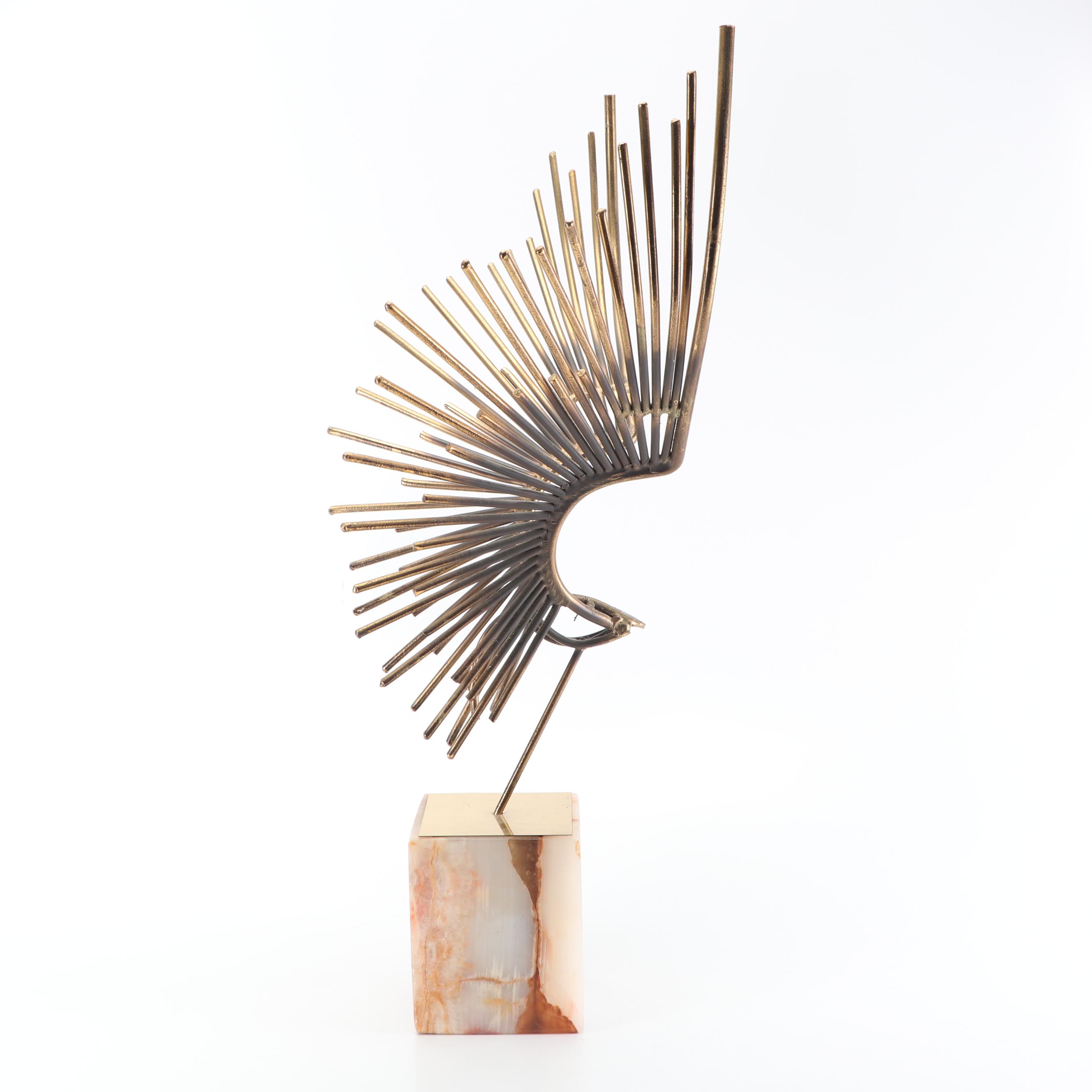 Modern Metal Eagle Sculpture on Stone Base, Probably Curtis Jere