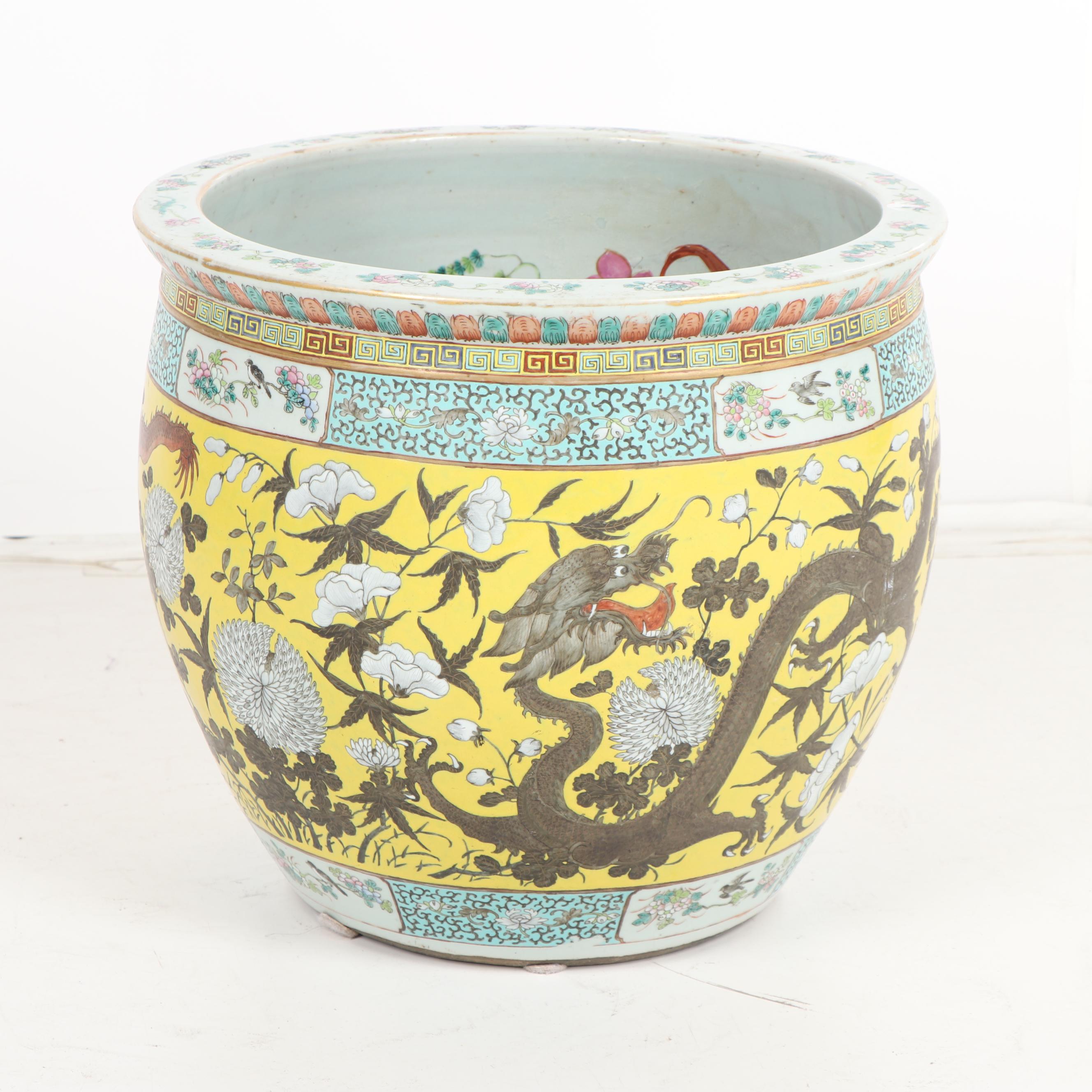 Vintage Hand-Painted Chinese Fishbowl Planter