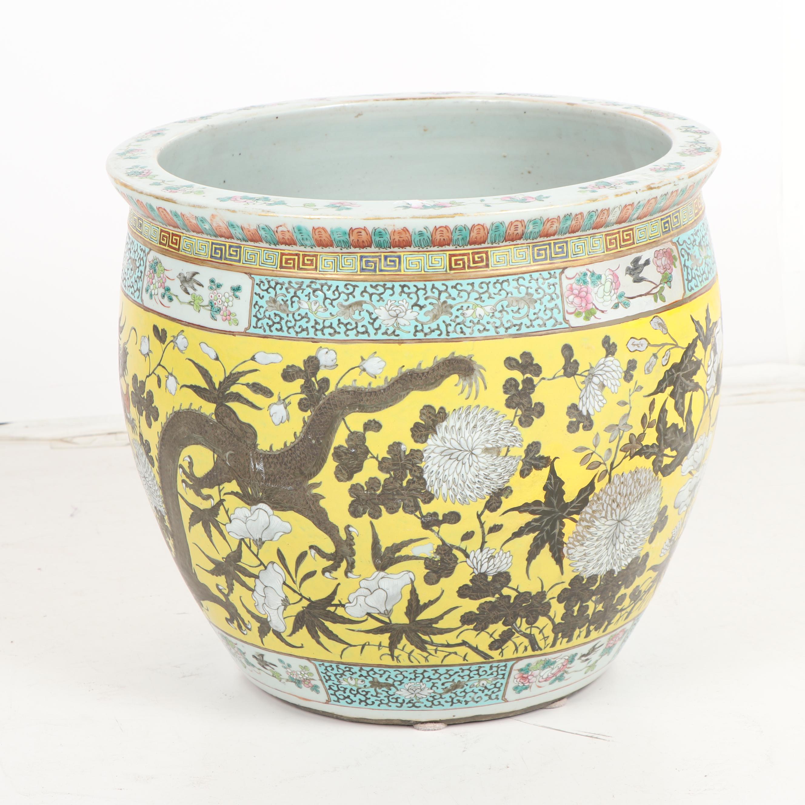 Vintage Hand-Painted Chinese Fishbowl Planter
