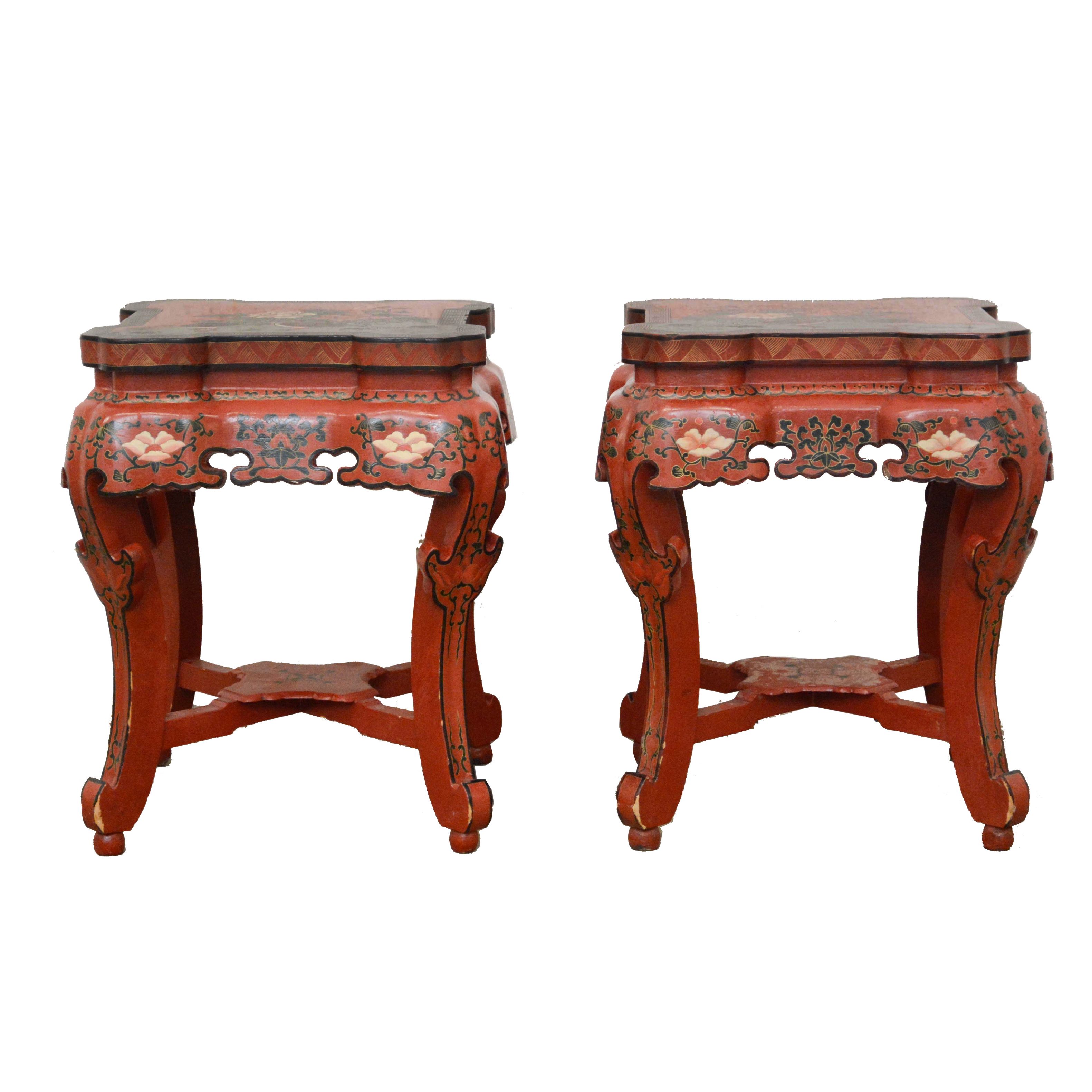Pair of Chinese Export Red Lacquer and Paint-Decorated Stands, 20th Century