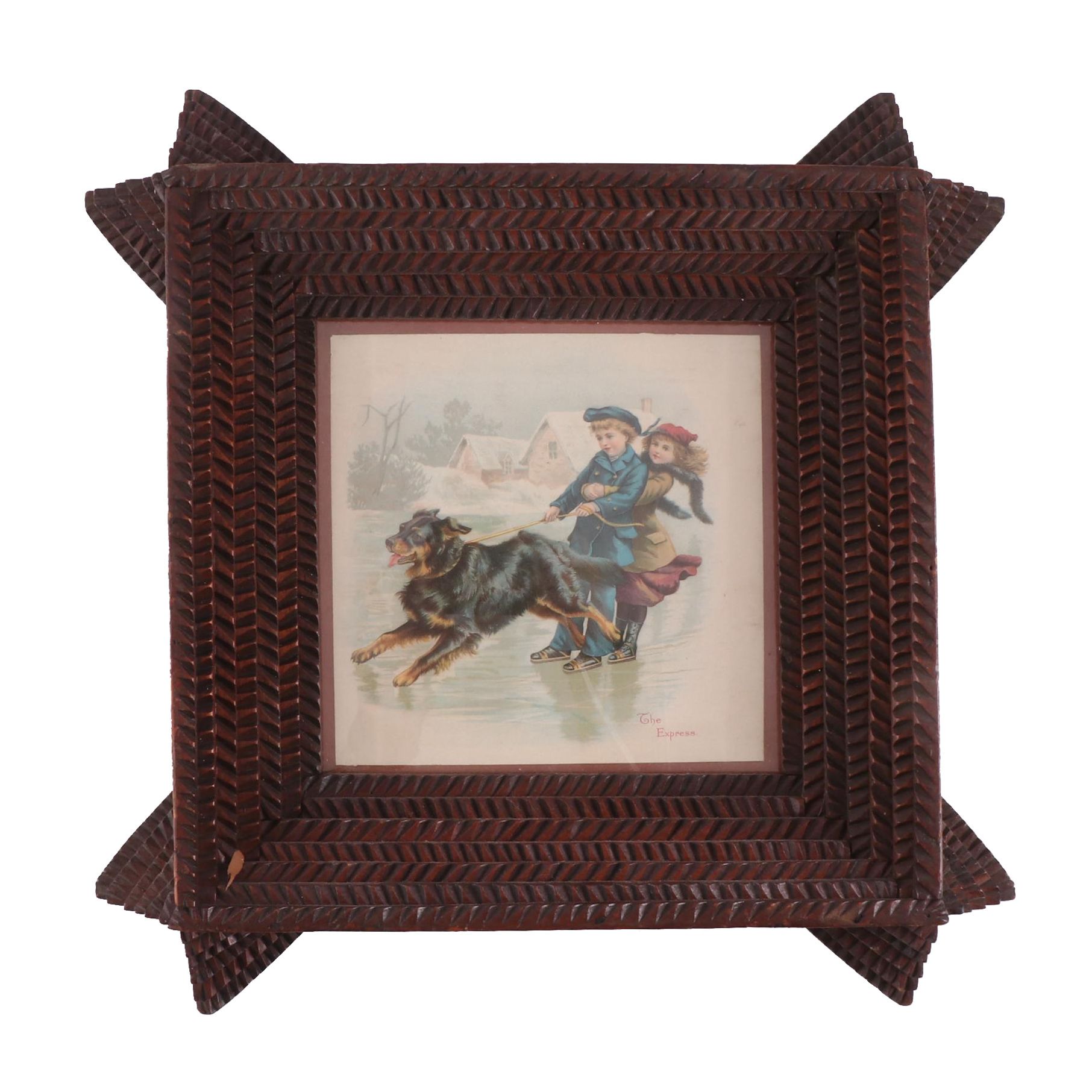 Chromolithograph after Ernest Nister "The Express" in Tramp Art Style Frame