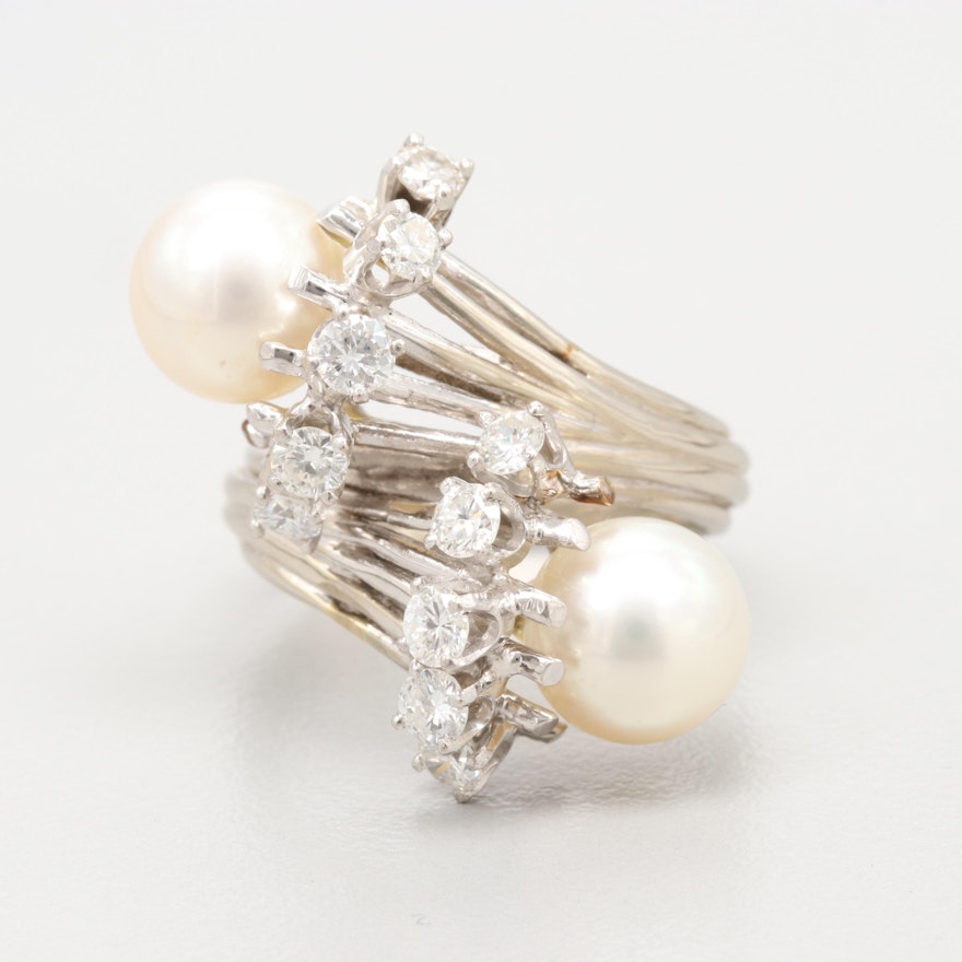 14K White Gold Cultured Pearl and 0.90 CTW Diamond Ring