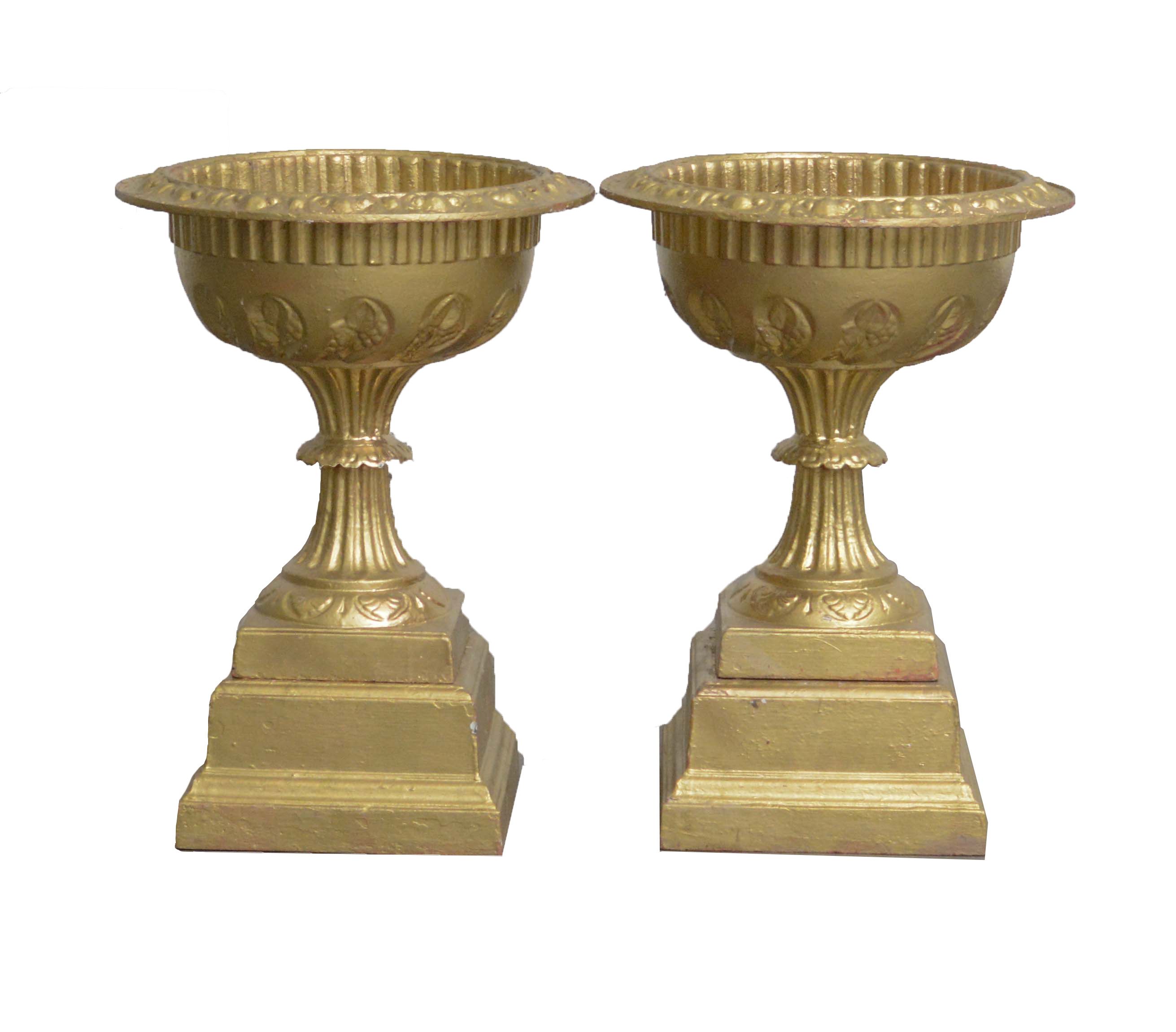Neoclassical Style Urn Shaped Painted Iron Planters on Beveled Stands