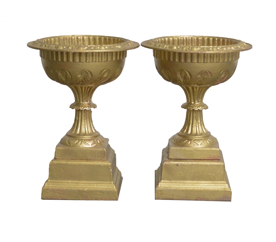 Neoclassical Style Urn Shaped Painted Iron Planters on Beveled Stands