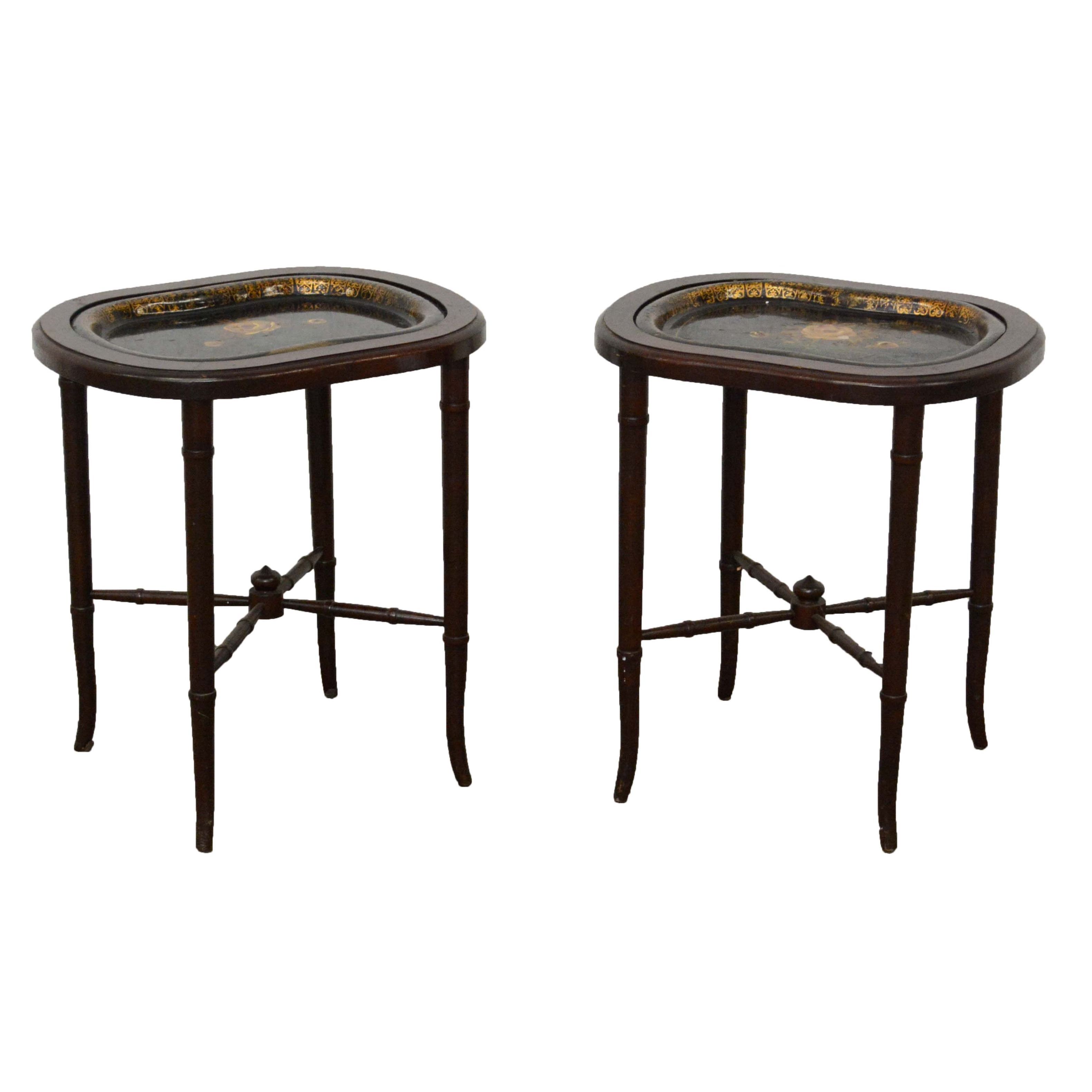 Pair of Victorian Black Lacquer and Parcel-Gilt Trays on Later, Custom Stands